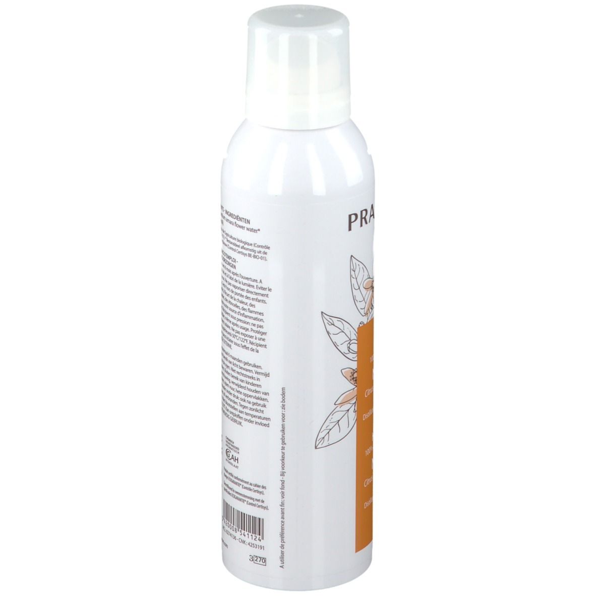 Achterkant van de witte spuitfles. Tekstinformatie in meerdere talen. Oranje etiket. Witte dop.