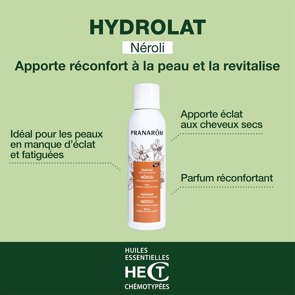 Produktflasche vor grünem Hintergrund. Text: Hydrolat, NÉROLI. Text: Apporte réconfort à la peau et la revitalise.