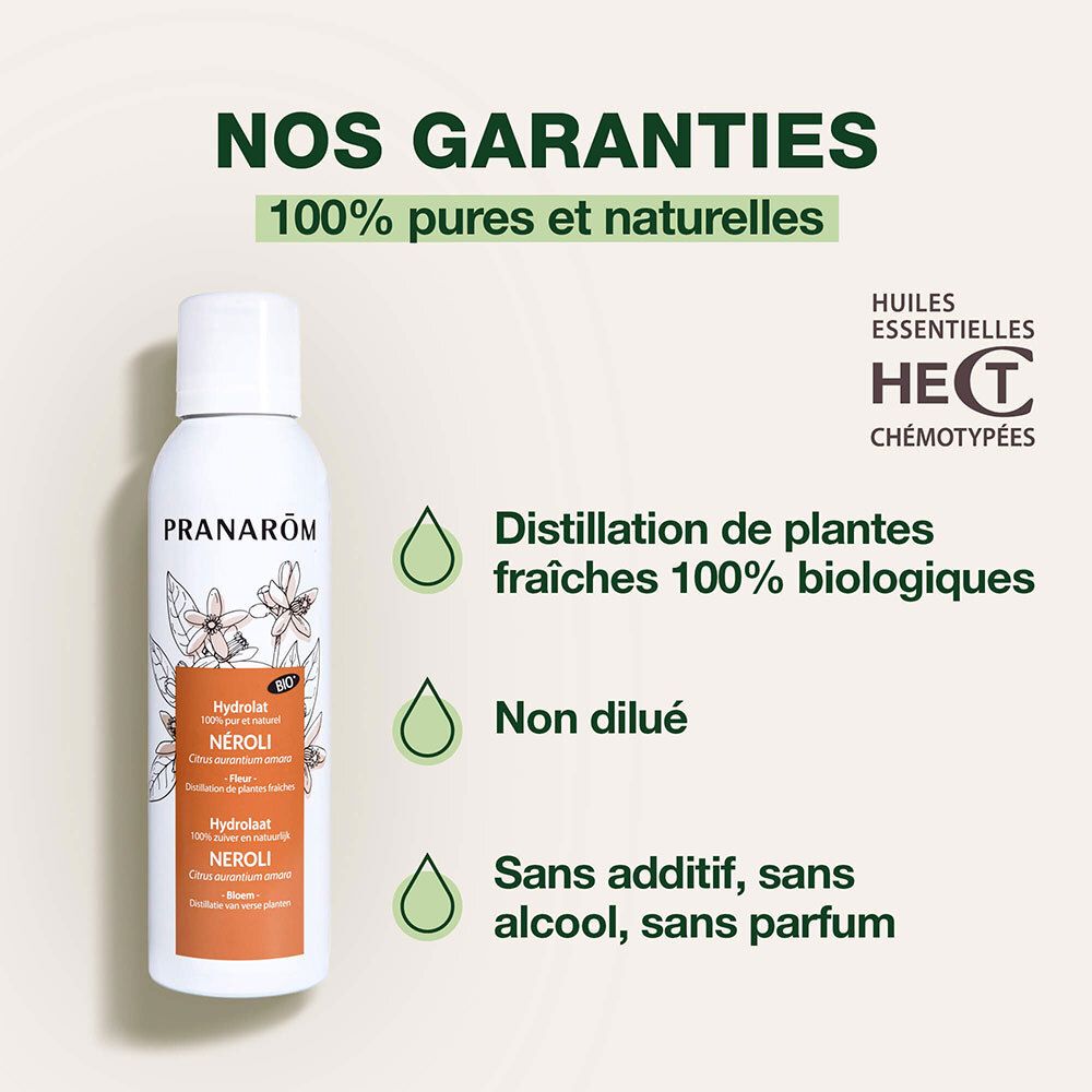 Produktflasche vor grünem Hintergrund. Text: Nos garanties, 100% pures et naturelles. HECT-Logo.