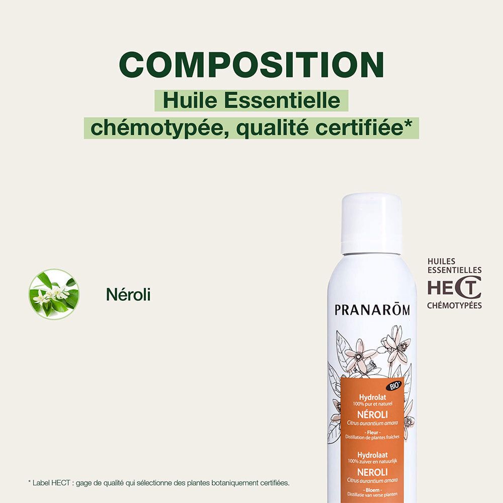 Produktflasche vor grünem Hintergrund. Text: Composition, Huile Essentielle chémotypée, qualité certifiée. HECT-Logo.