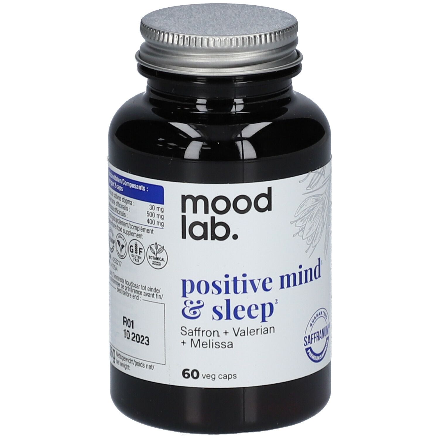Donkere fles met zilveren dop. Opschrift: Moodlab, positive mind & sleep. Bevat saffraan, valeriaan en melisse. 60 capsules.