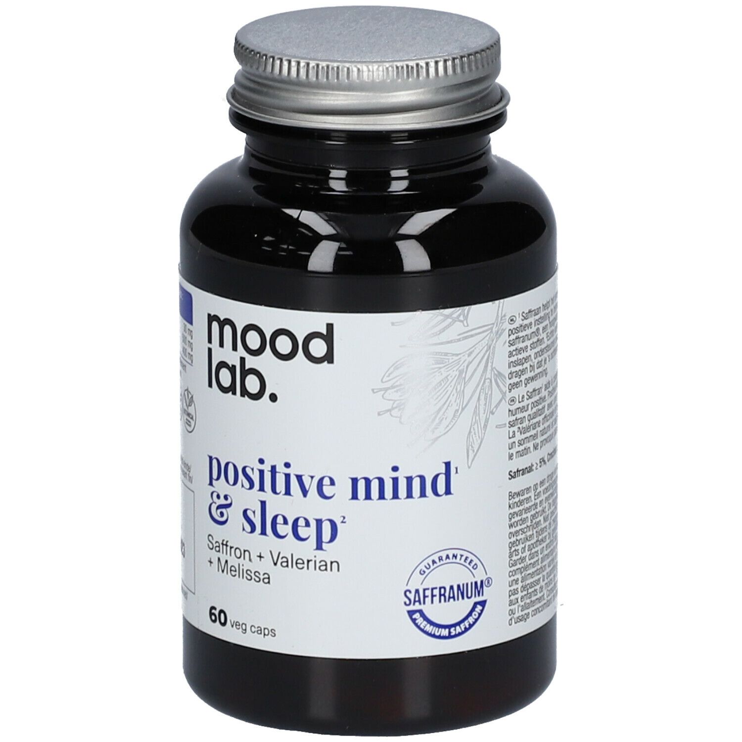 Donkere fles met zilveren dop. Opschrift: Moodlab, positive mind & sleep. Bevat saffraan, valeriaan en melisse. 60 capsules.