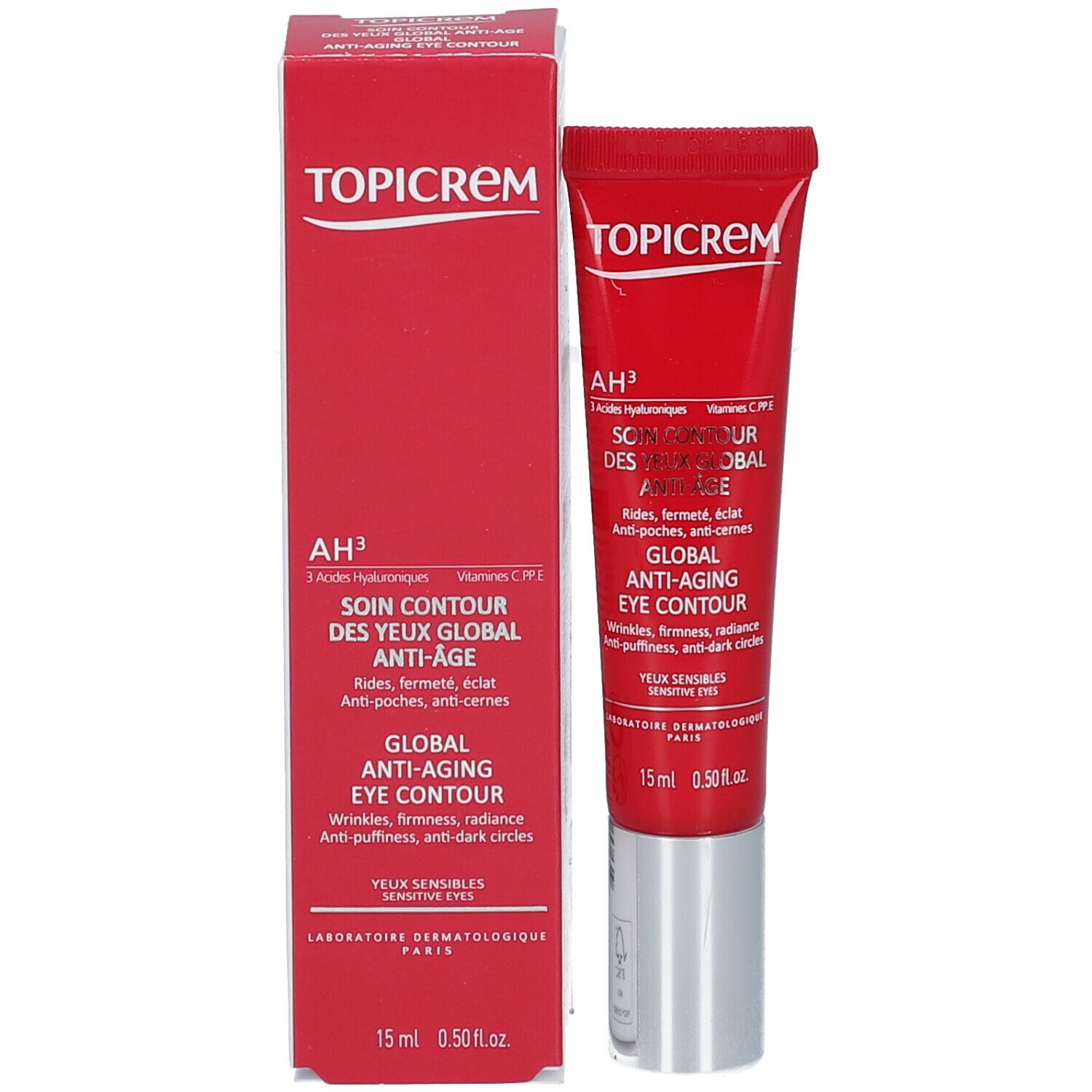 Rode tube en doos. Bevat oogverzorging. Tekst: TOPICREM, GLOBAL ANTI-AGING EYE CONTOUR, 15 ml. Met doos.
