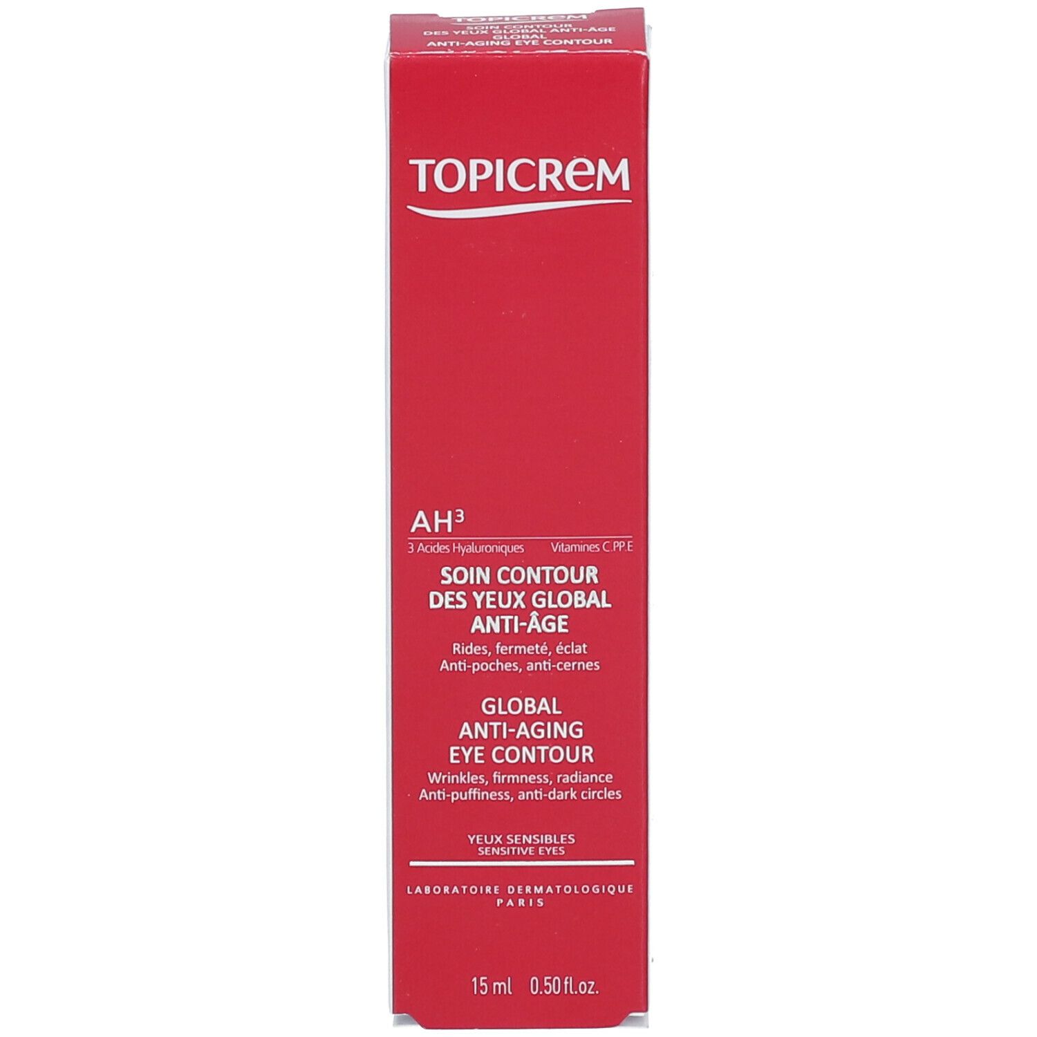 Rode doos. Tekst: TOPICREM, GLOBAL ANTI-AGING EYE CONTOUR, 15 ml. Productinformatie en logo.