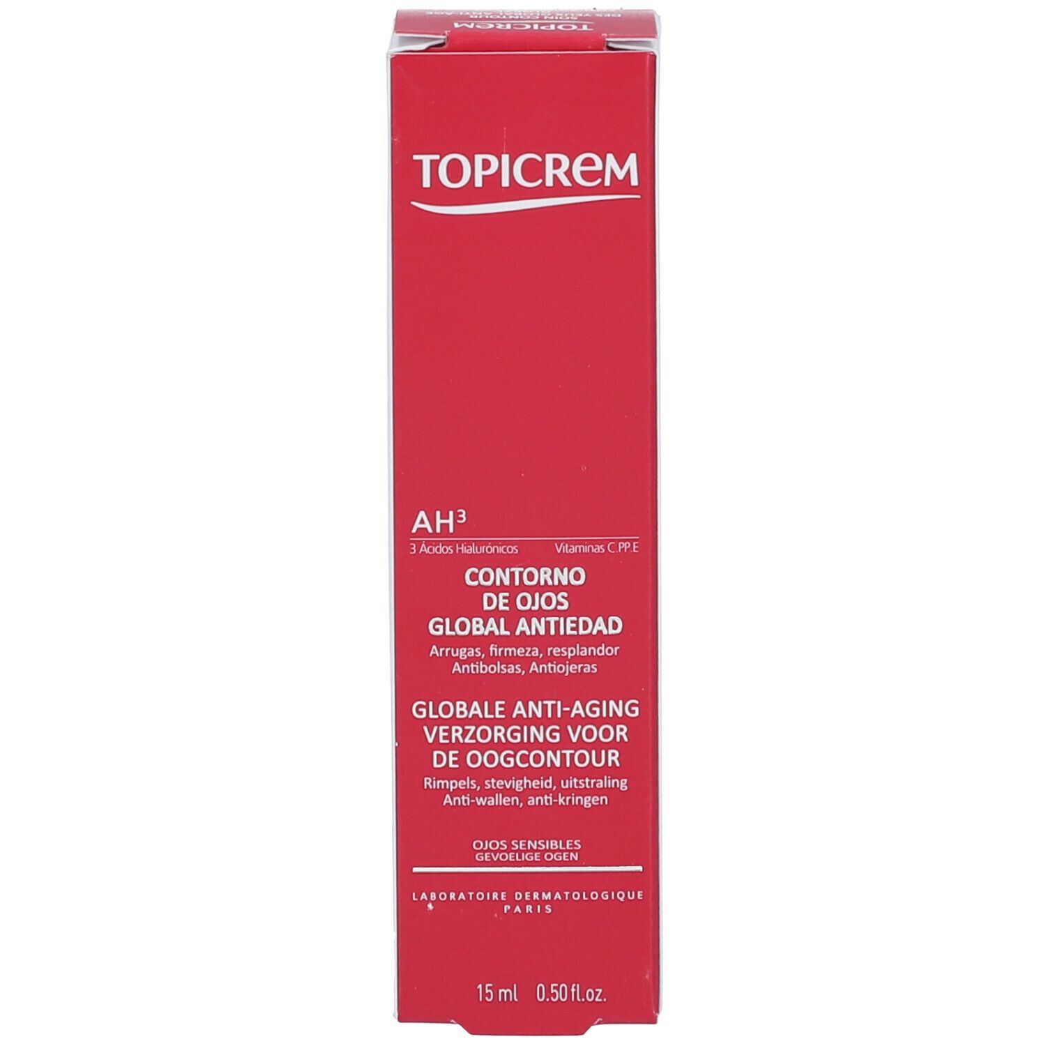 Rode doos. Tekst: TOPICREM, CONTOUR DES YEUX GLOBAL ANTIEDAD. Productinformatie en logo.