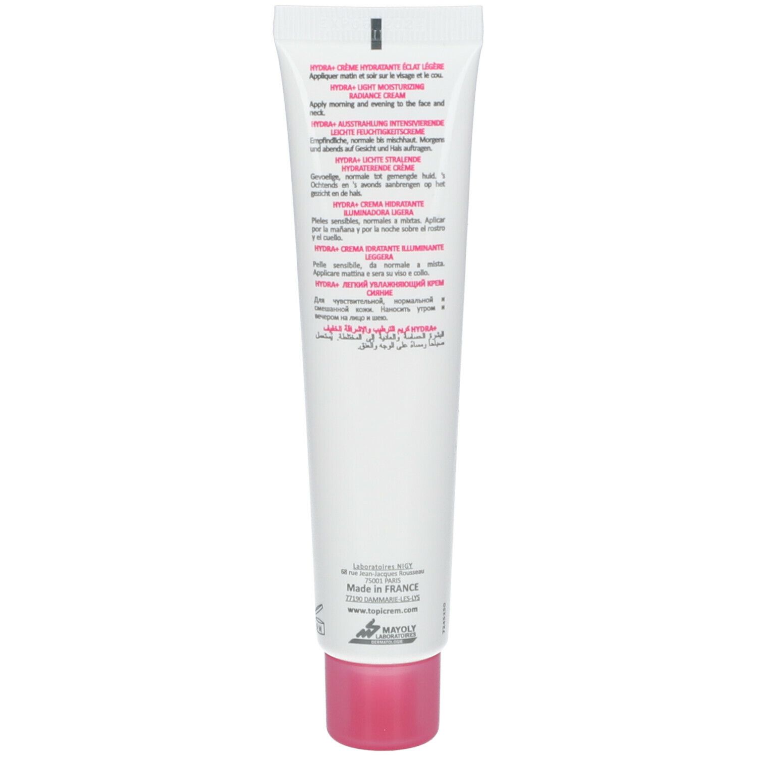 Achterkant van de witte tube met roze dop. Meertalige productinformatie. Gemaakt in Frankrijk.