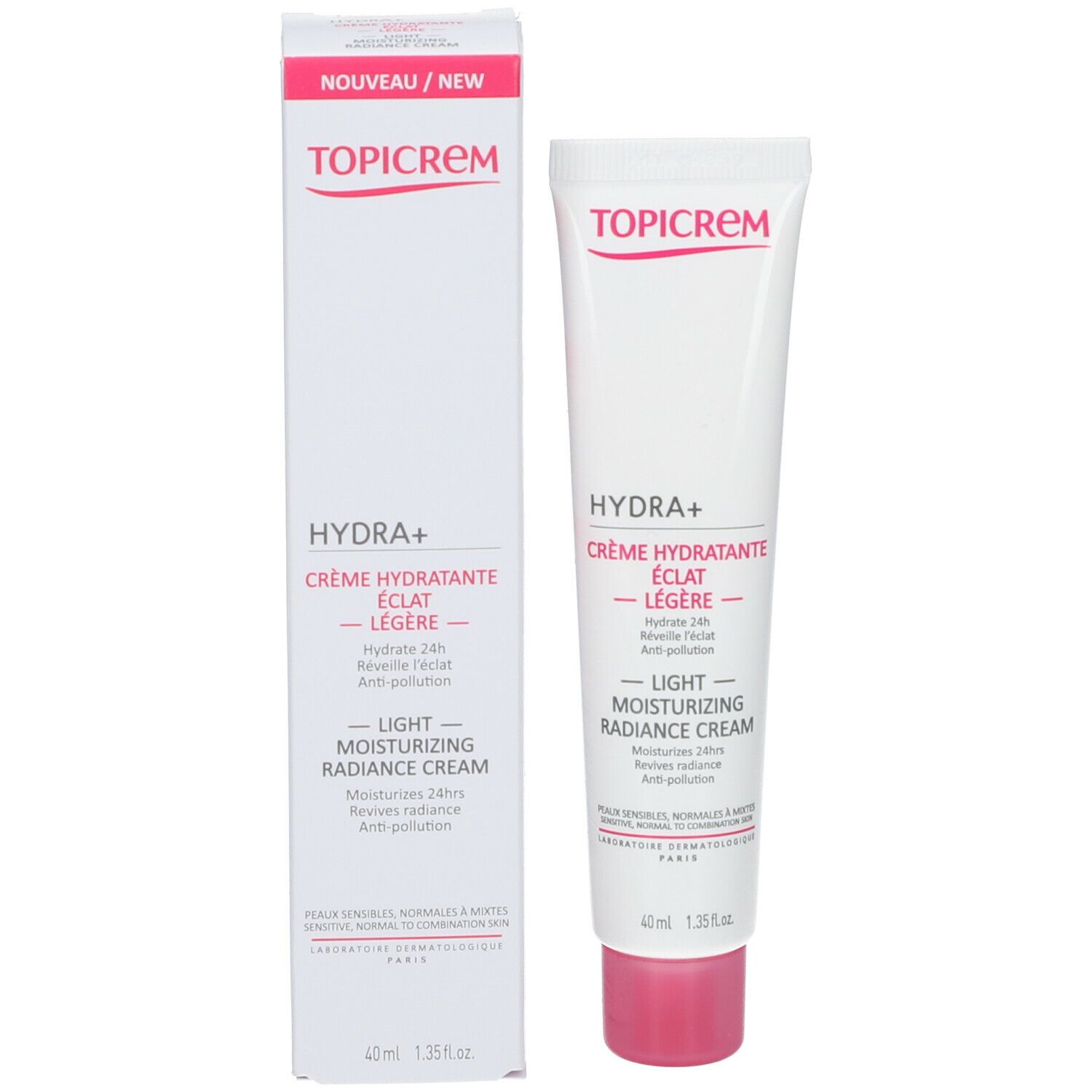 Productverpakking: tube en doos. Opschrift TOPICREM, HYDRA+, Crème hydratante éclat légère. 40 ml.