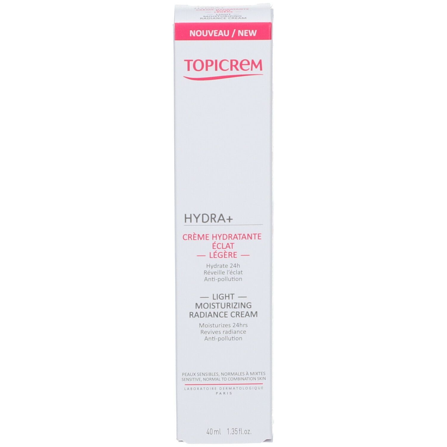Kartonnen verpakking. Opschrift TOPICREM, HYDRA+, Crème hydratante éclat légère. Nieuw/New. 40 ml.