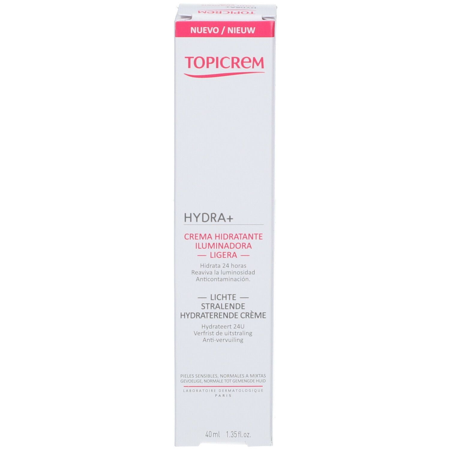 Kartonnen verpakking. Opschrift TOPICREM, HYDRA+, Crème hydratante illuminatrice légère. Nieuw/Nieuw. 40 ml.