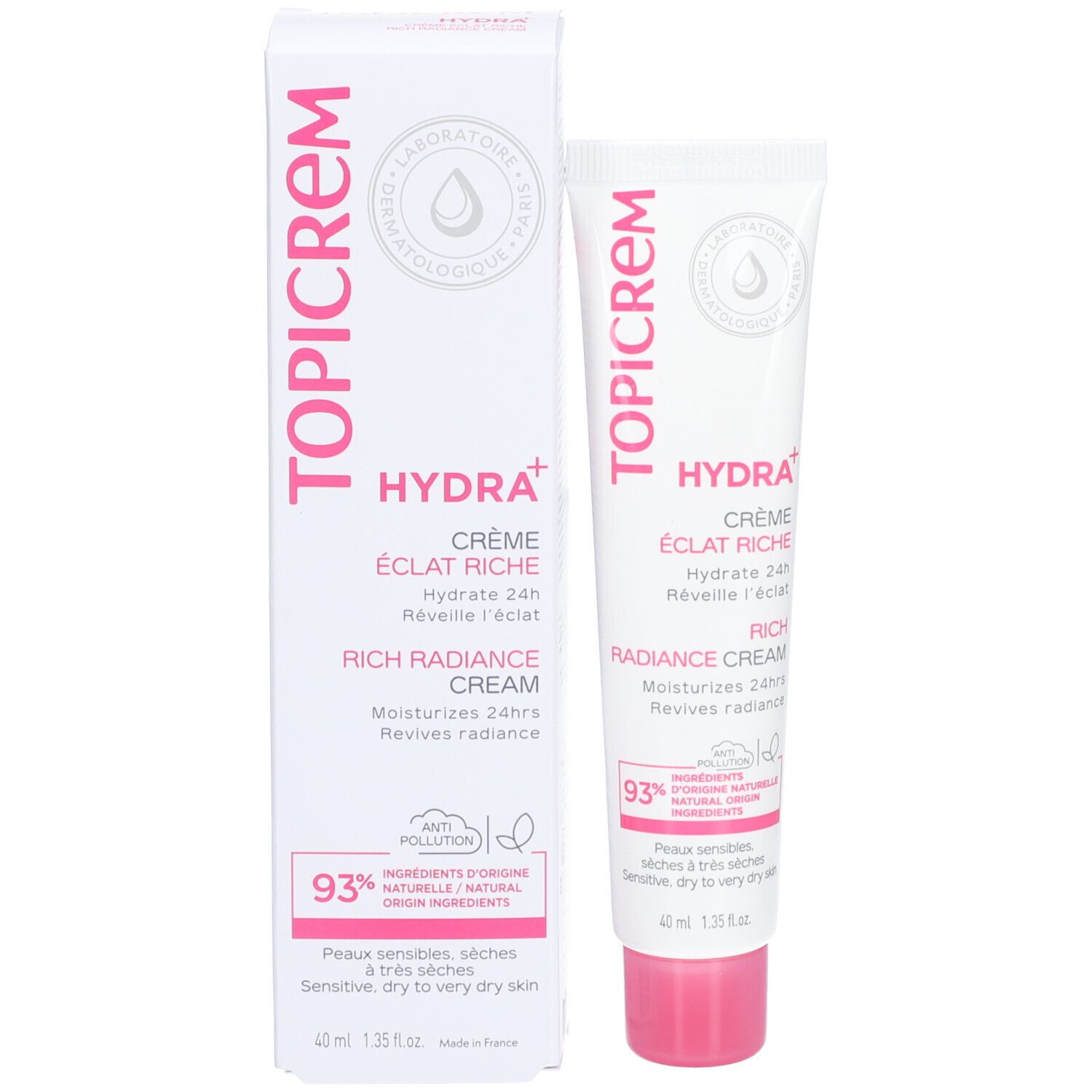 Productverpakking. Witte doos en tube. Opschrift TOPICREM, HYDRA+, Crème Éclat Riche, Rich Radiance Cream. 40 ml.