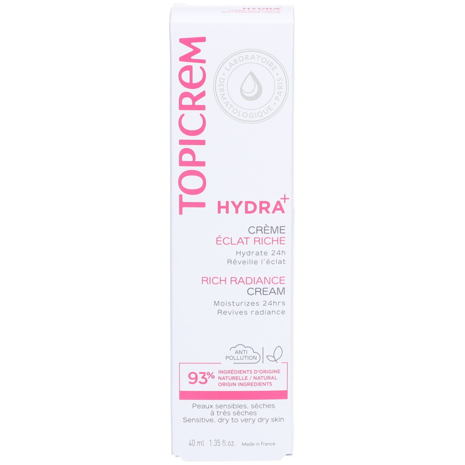 Witte doos. Opschrift TOPICREM, HYDRA+, Crème Éclat Riche, Rich Radiance Cream. 93% ingrediënten van natuurlijke oorsprong.