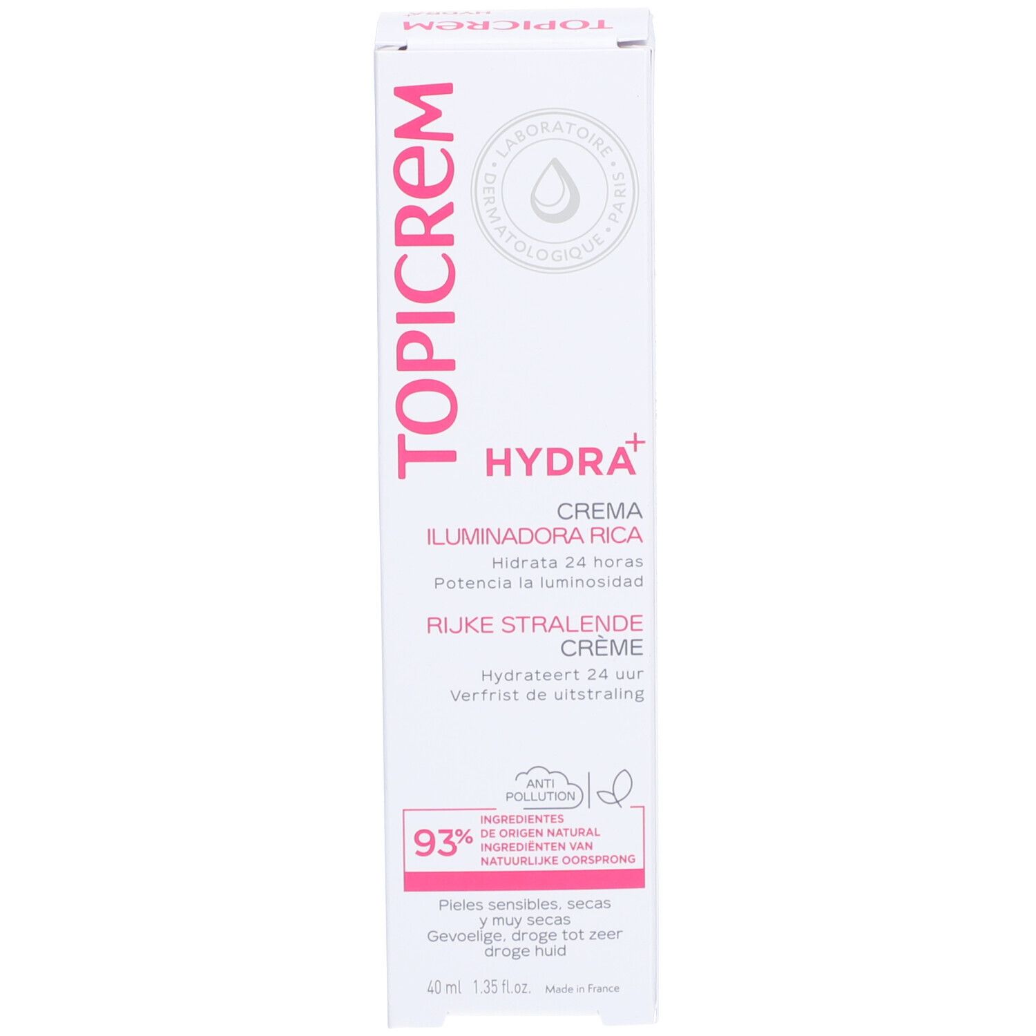 Witte doos. Opschrift TOPICREM, HYDRA+, Crema Iluminadora Rica, Rijke Stralende Crème. 93% ingrediënten van natuurlijke oorsprong.