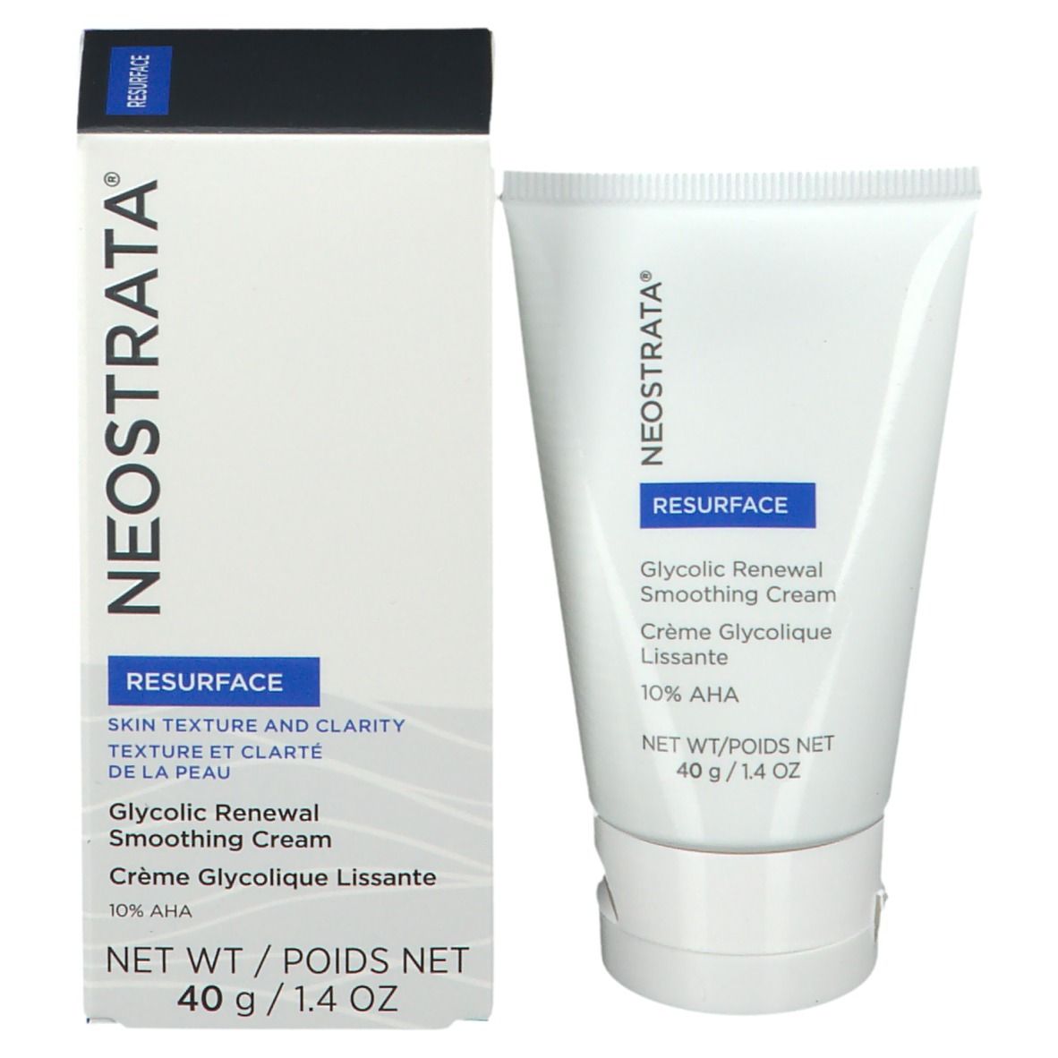 Productverpakking: tube en doos. Tekst: NEOSTRATA, RESURFACE, Glycolic Renewal Smoothing Cream, 10% AHA. 40 g / 1.4 oz.