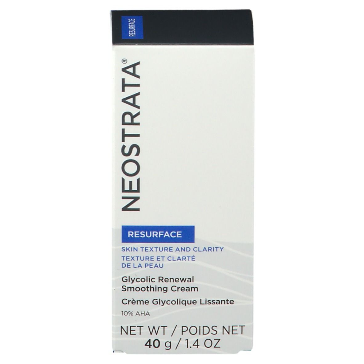 Witte doos met blauw deksel. Tekst: NEOSTRATA, RESURFACE, Glycolic Renewal Smoothing Cream, 10% AHA. 40 g / 1.4 oz.