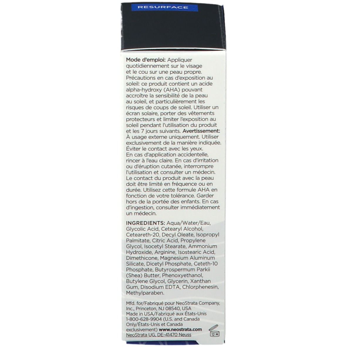 Zijkant van de doos. Tekst: Gebruiksaanwijzing, ingrediënten, fabrikantinformatie in meerdere talen.