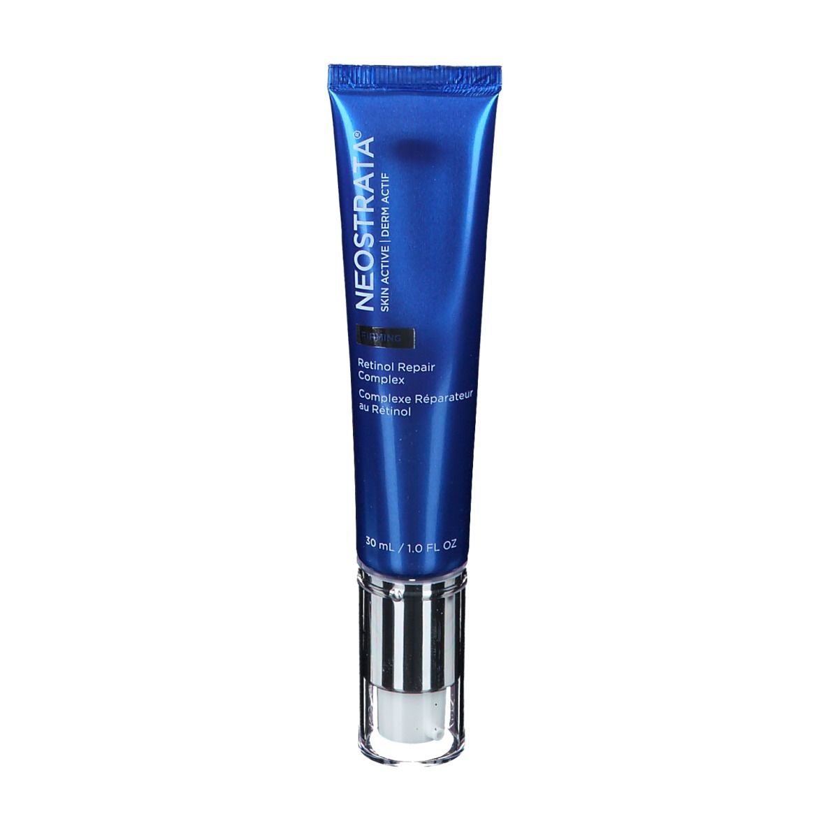 Blauw-zilveren tube met tekst. Onder: 30 ml / 1.0 FL OZ.