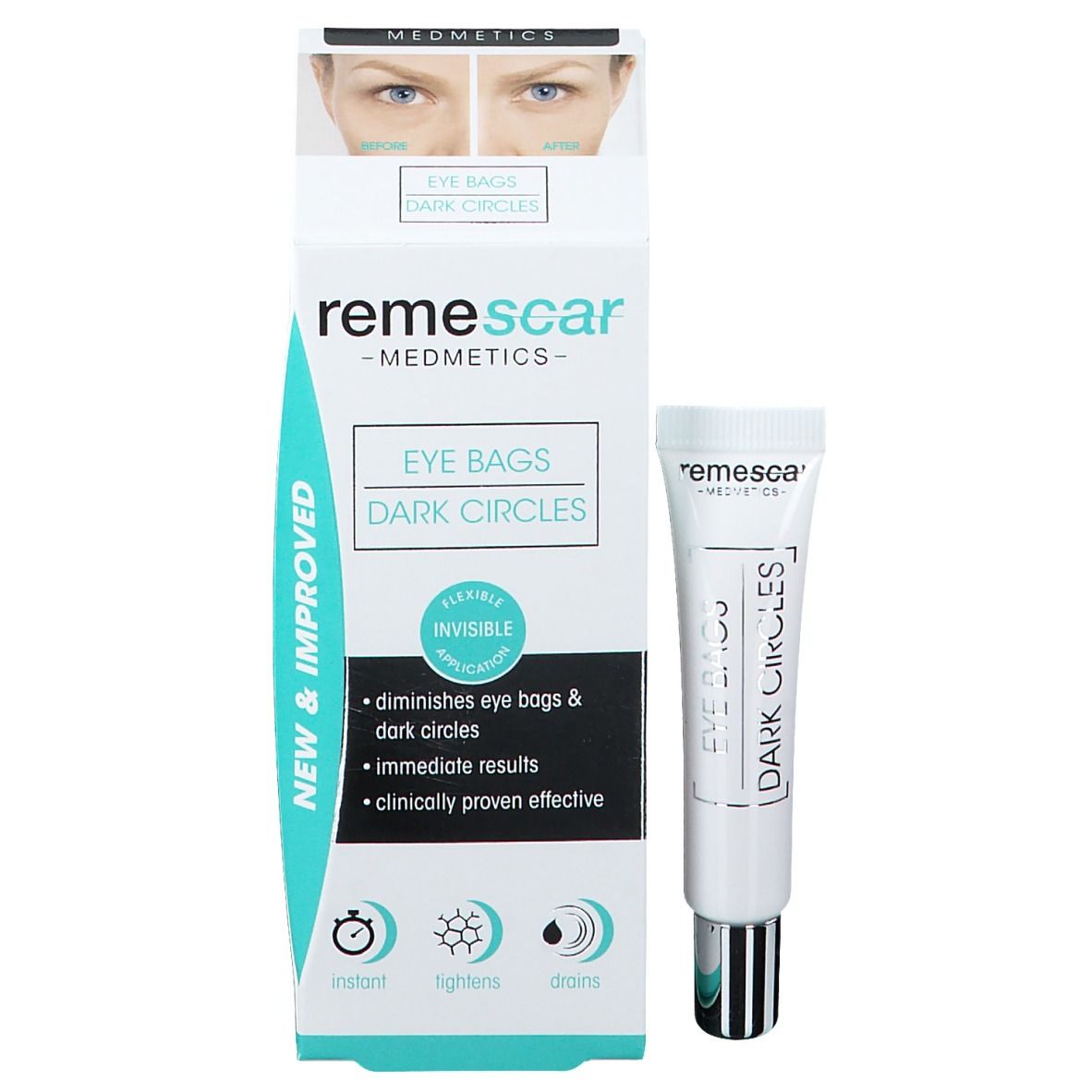 Produktverpackung mit Tube. Weißer Karton mit Produktnamen und Beschreibung. Abbildung von Augen.
