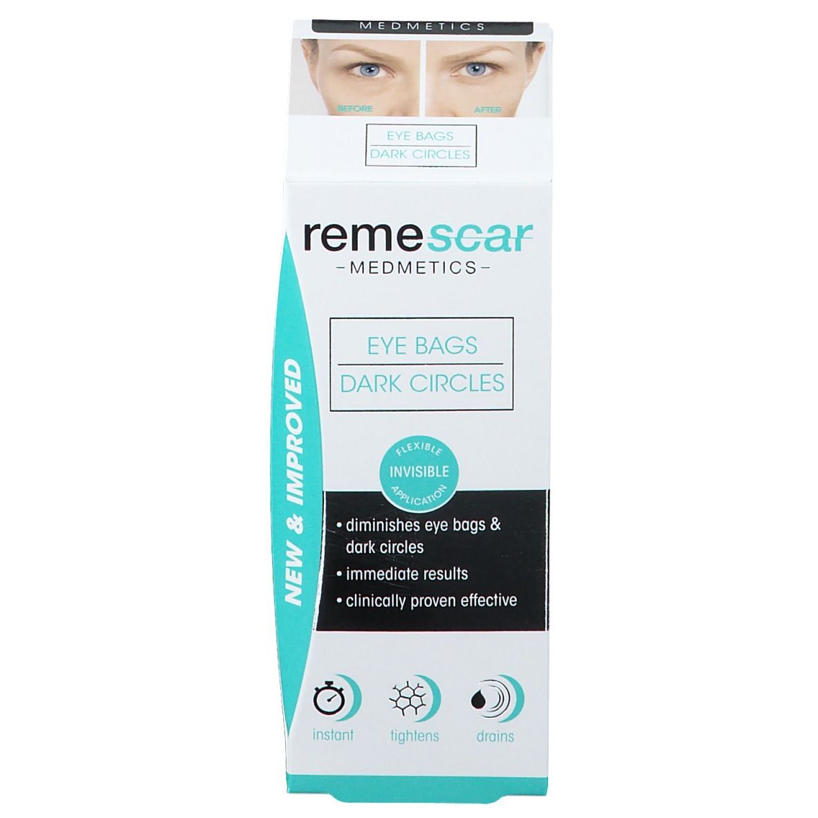 Produktverpackung, weiß mit türkisfarbenem Akzent. Produktname und Beschreibung. Abbildung von Augen.