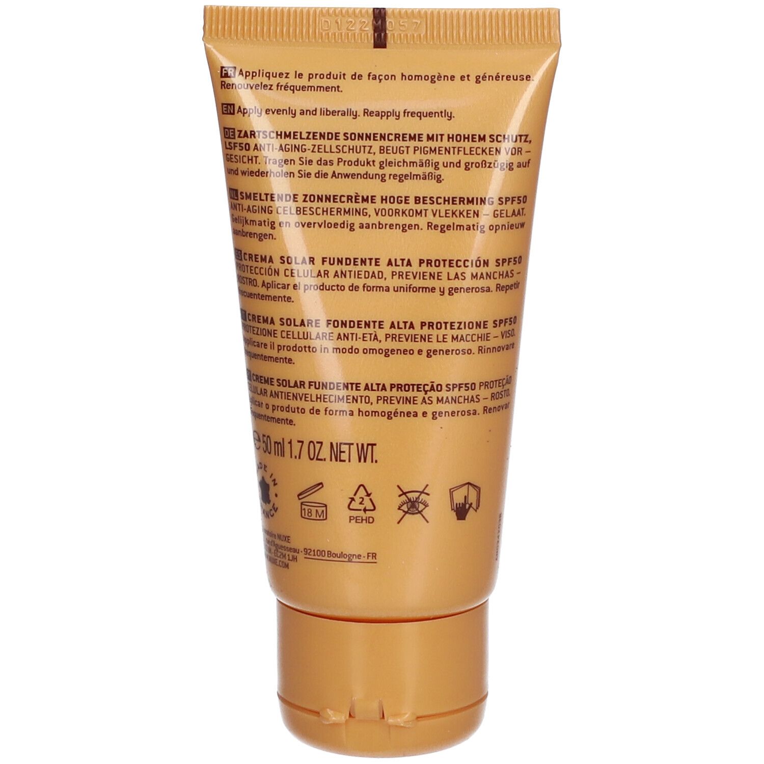 Beige tube met schroefdop. Meertalige tekst. Bevat informatie over ingrediënten en gebruik.
