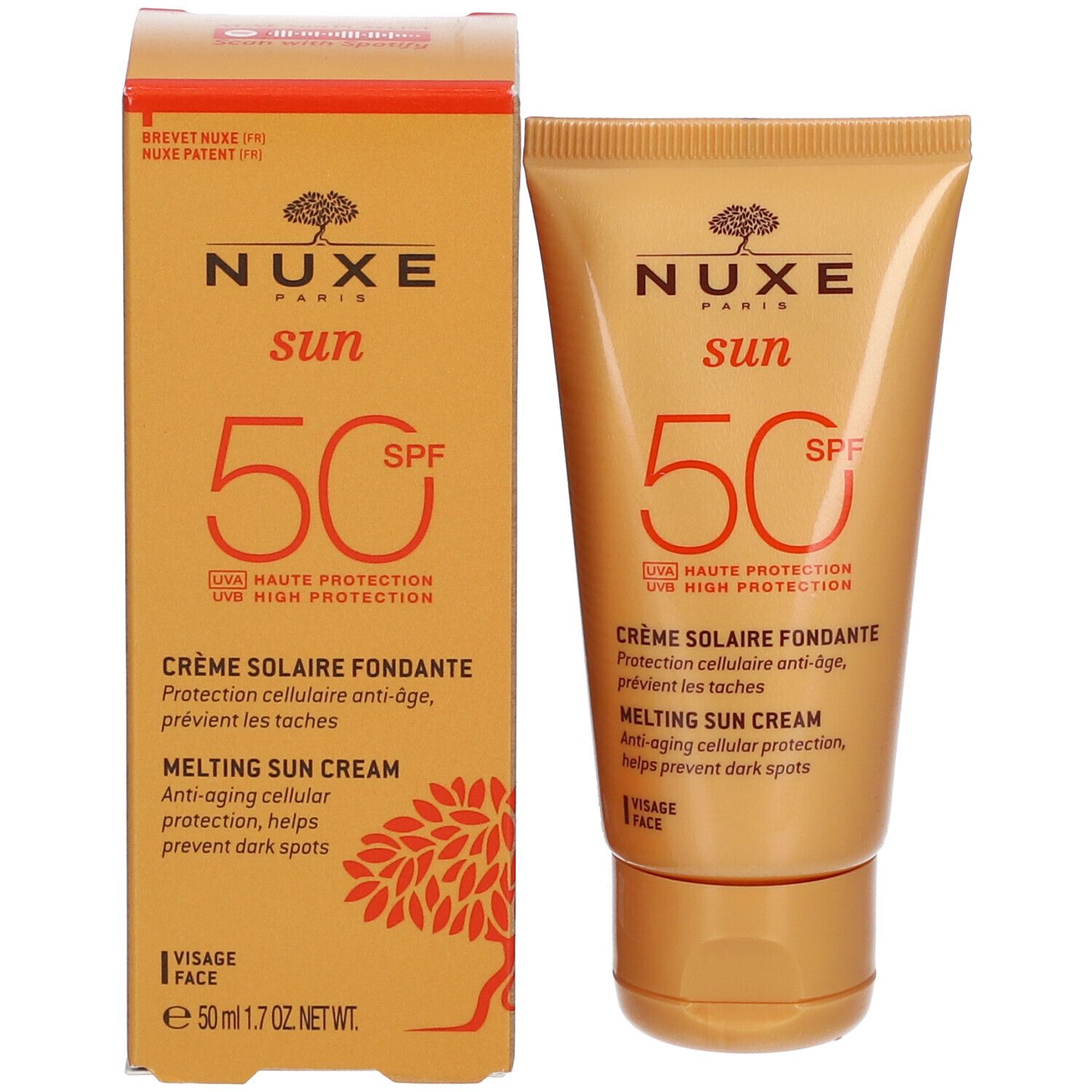 Verpakking en tube. Op de tube: Nuxe Sun, SPF 50. Op de verpakking: Nuxe Sun, SPF 50, Crème Solaire Fondante.