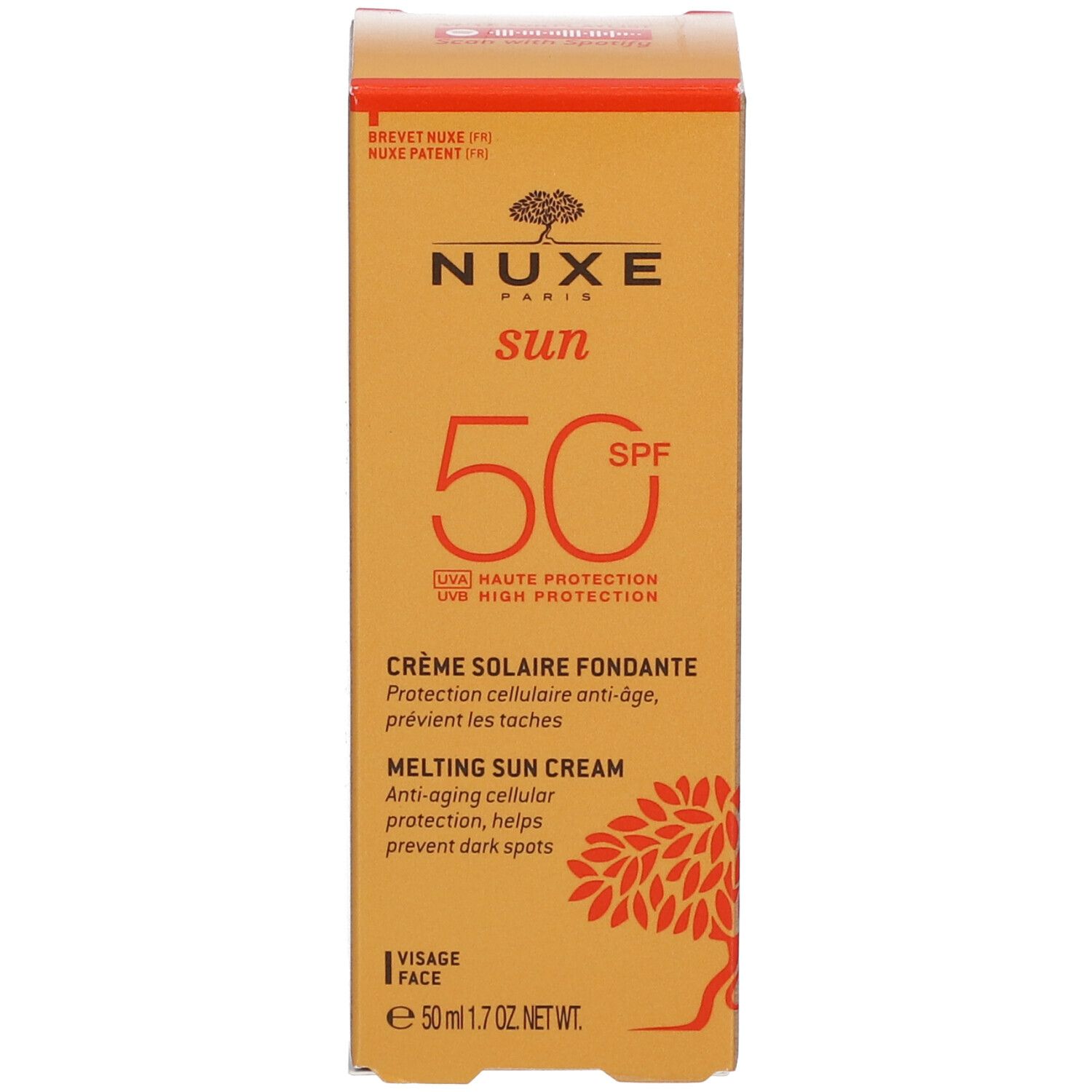 Kartonnen verpakking. Opschrift: Nuxe Sun, SPF 50, Crème Solaire Fondante. Logo en productinformatie.