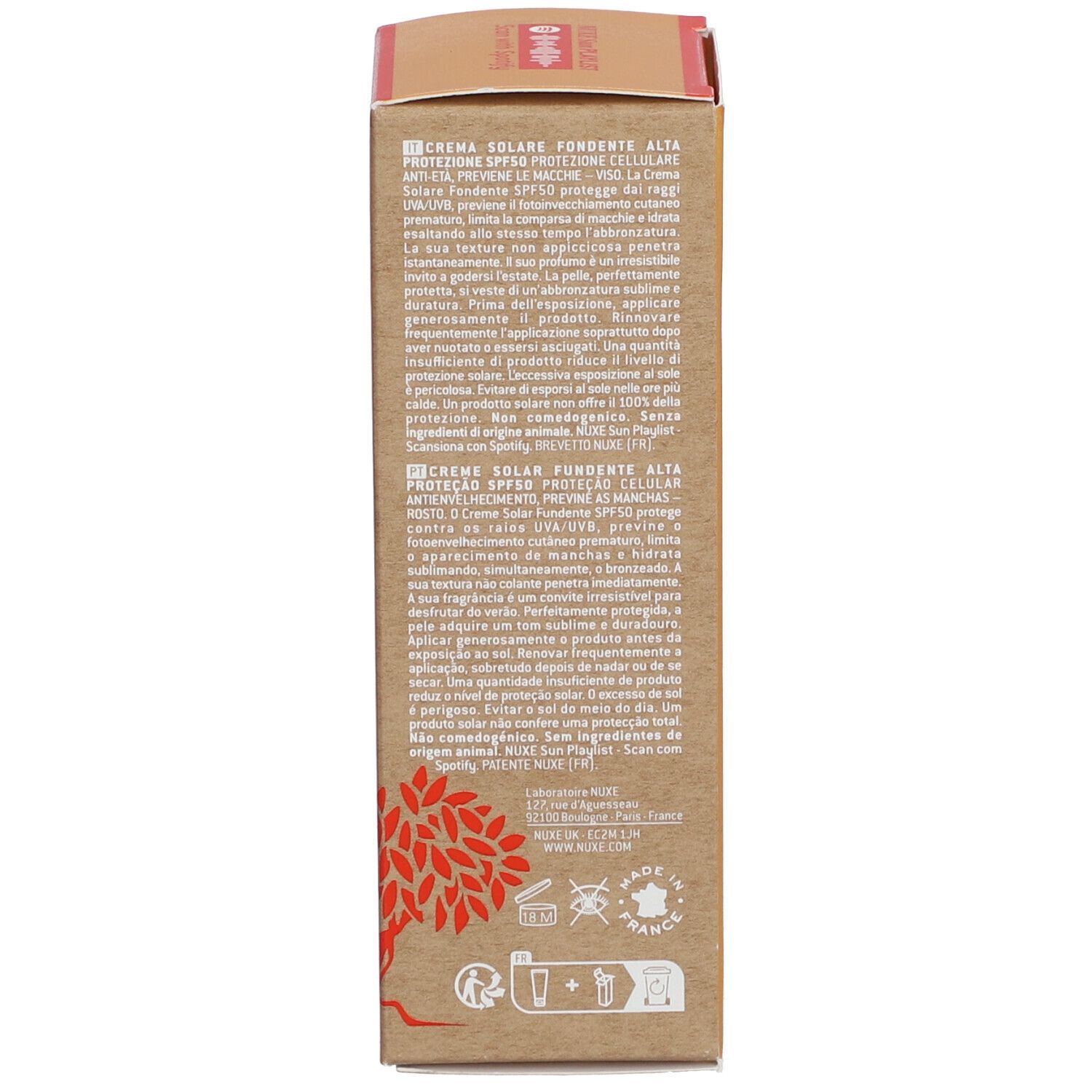 Kartonnen verpakking. Meertalige tekst. Bevat productinformatie, ingrediënten en logo's.