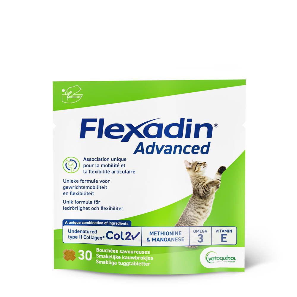 Flexadin Advanced zakje met 30 smakelijke kauwtabletten. Bevat Col2, Methionine & Mangaan, Omega 3 en Vitamine E.