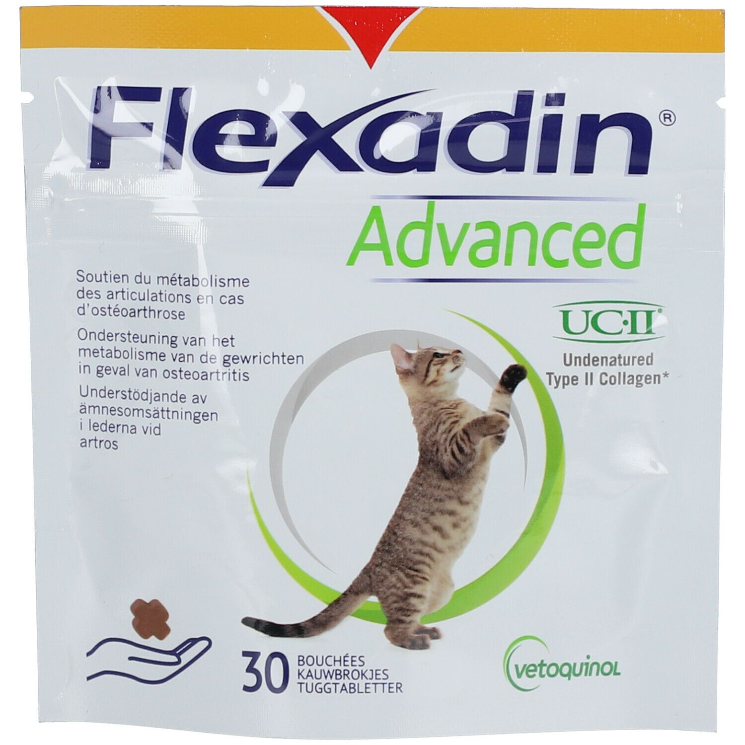 Flexadin Advanced zakje. Bevat 30 kauwtabletten. Afbeelding van een kat. Opschrift: UC-II Undenatured Type II Collagen.