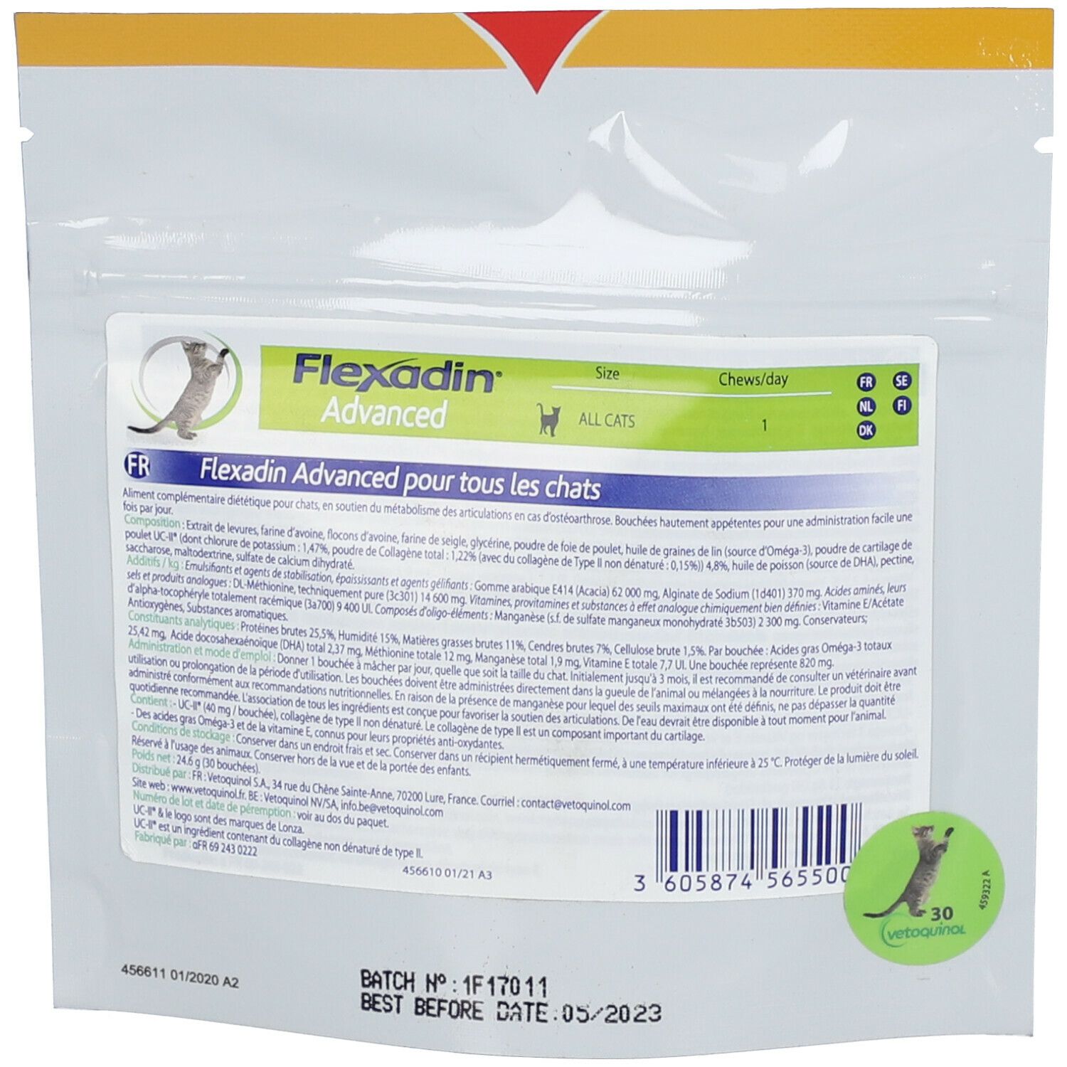 Achterkant van de Flexadin Advanced verpakking. Bevat informatie over ingrediënten en dosering. Een kat is afgebeeld.