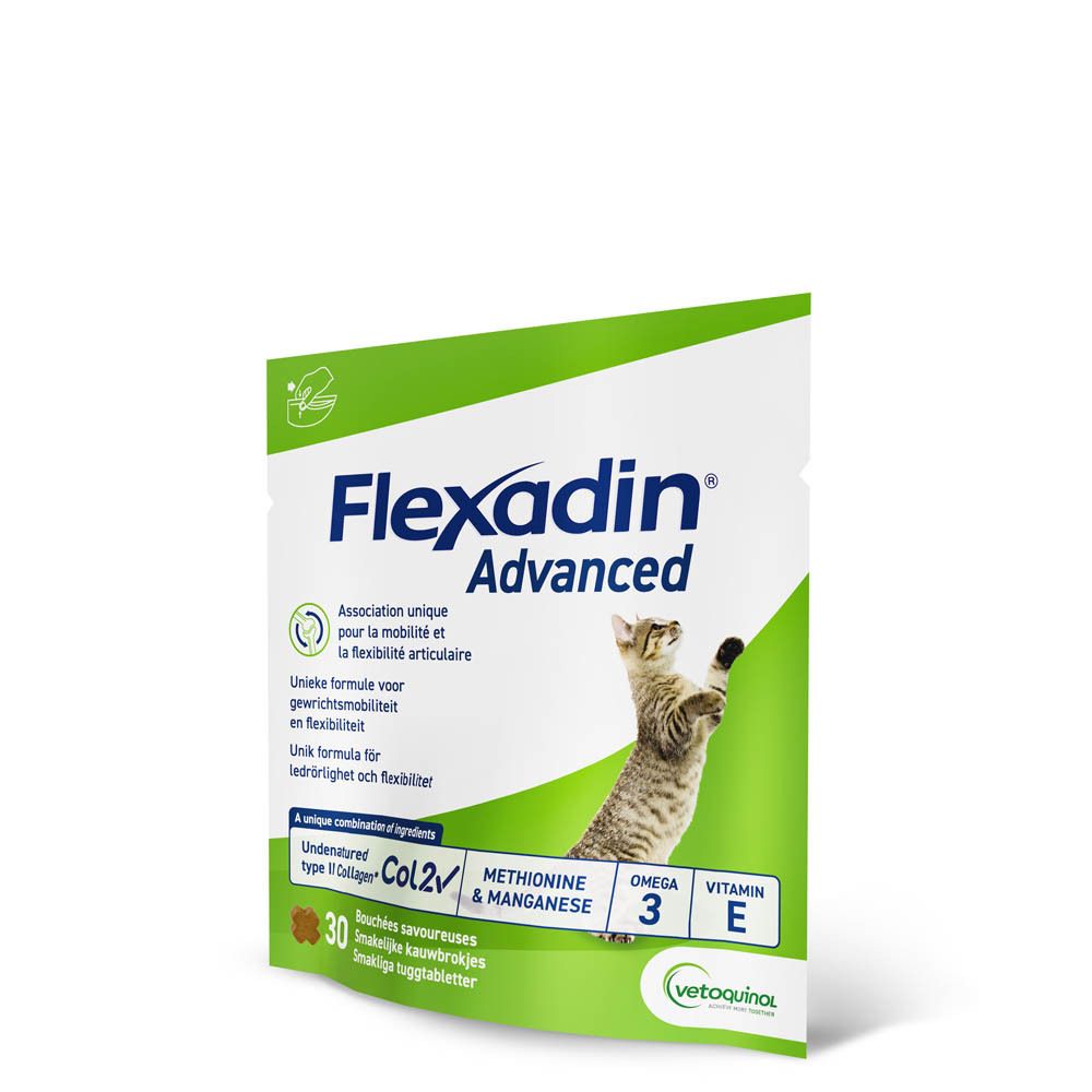 Flexadin Advanced zakje met 30 smakelijke kauwtabletten. Bevat Col2, Methionine & Mangaan, Omega 3 en Vitamine E.