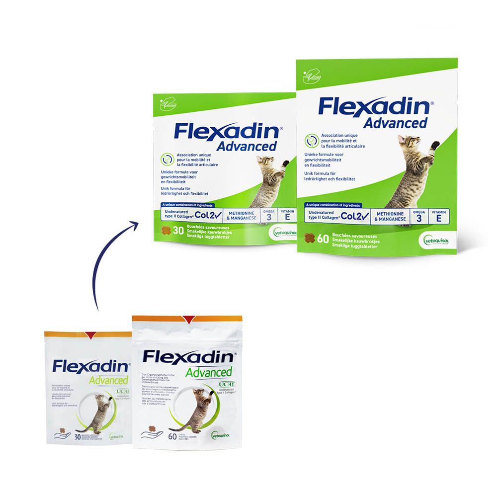 Flexadin Advanced zakje met 30 smakelijke kauwtabletten. Bevat Col2, Methionine & Mangaan, Omega 3 en Vitamine E.
