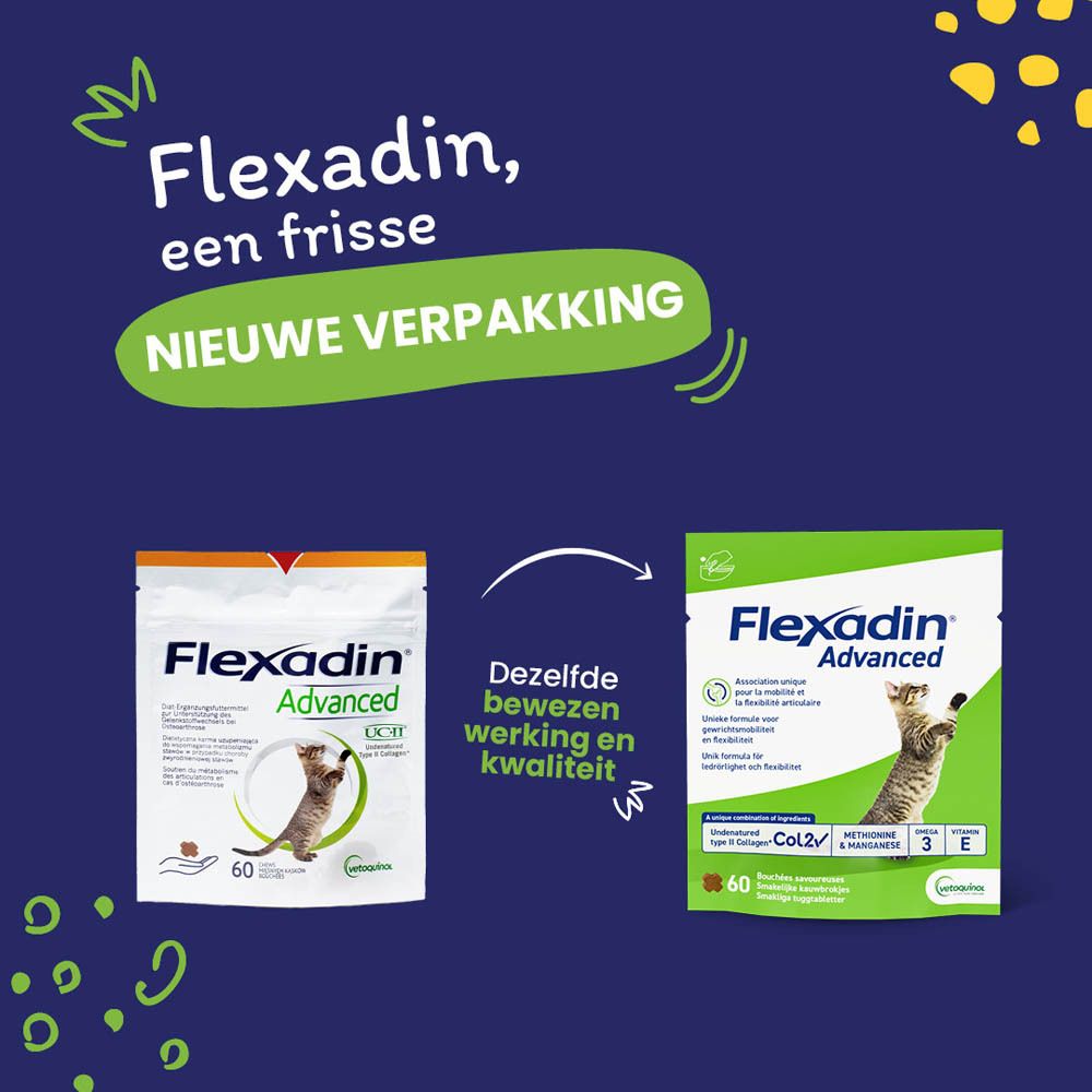 Flexadin Advanced verpakking. Bevat 30 of 60 kauwtabletten. Een kat en een hond zijn afgebeeld.