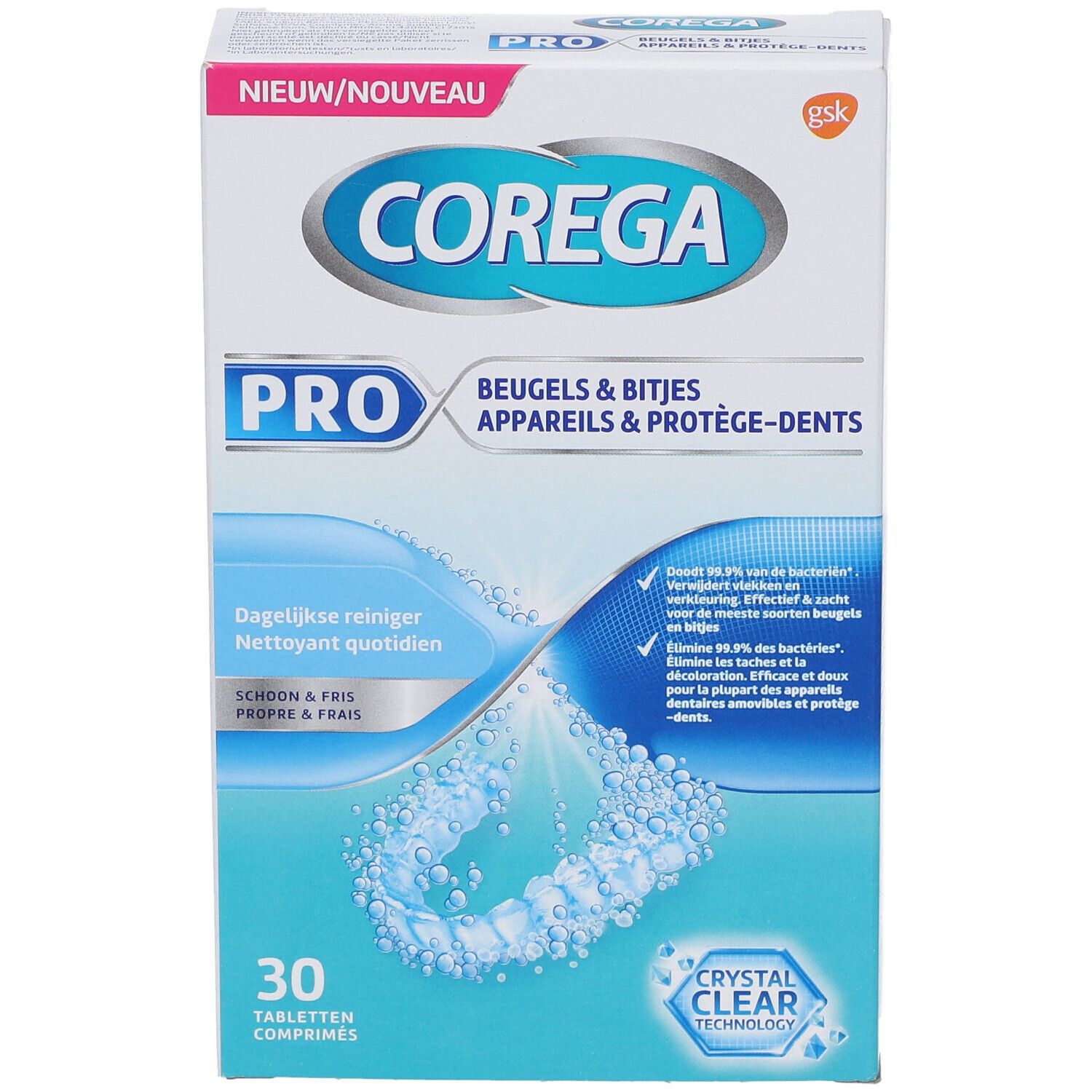 Boîte Corega Pro. Contient 30 comprimés. Inscription : Beugels & Bitjes, Appareils & Protège-dents. Technologie Crystal Clear.