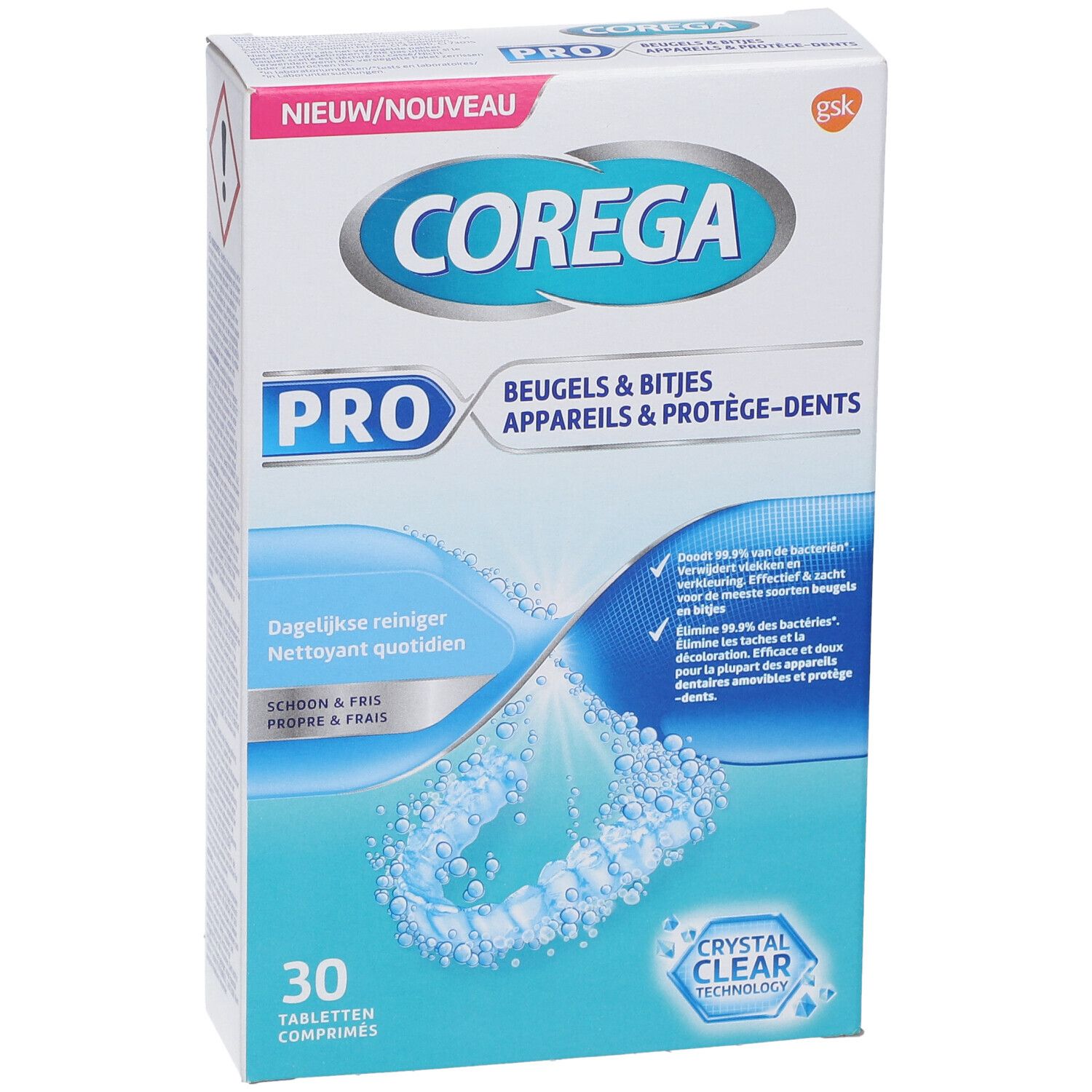 Boîte Corega Pro. Contient 30 comprimés. Inscription : Beugels & Bitjes, Appareils & Protège-dents. Technologie Crystal Clear.