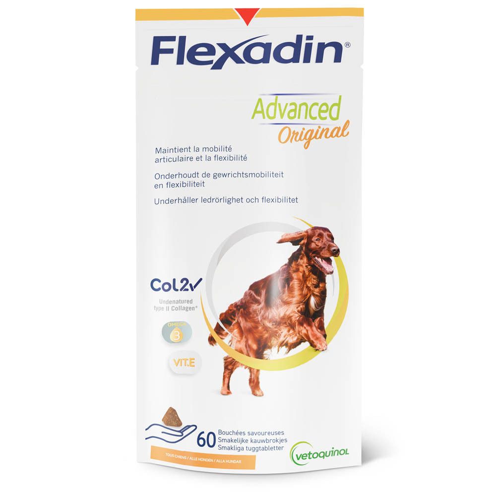 Flexadin Advanced Original voor honden. Doos met 60 tabletten. Afbeelding van een hond. CoL2, Vitamine E.