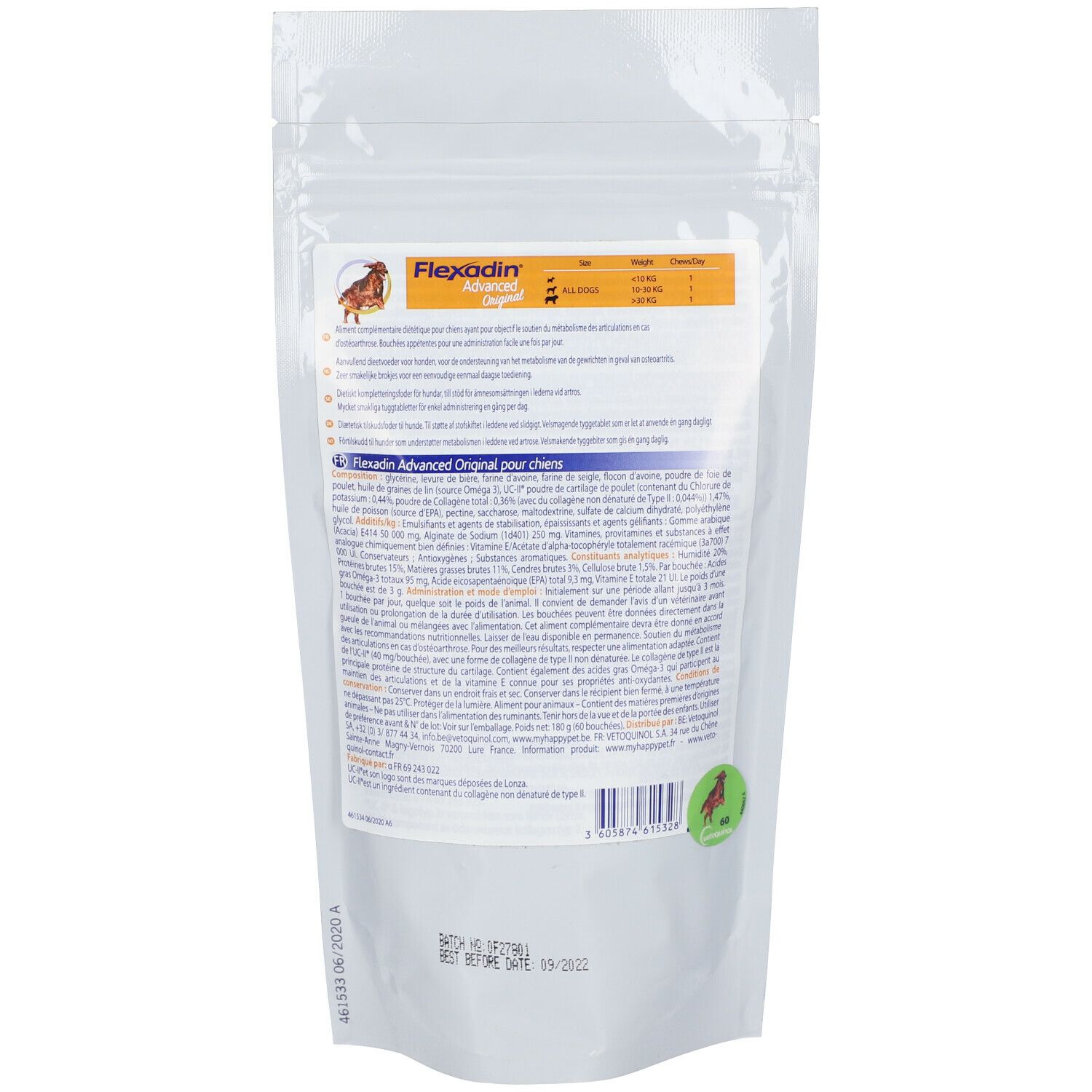 Achterkant van de Flexadin Advanced Original voor honden verpakking. Meertalige tekst. Ingrediënten en informatie.