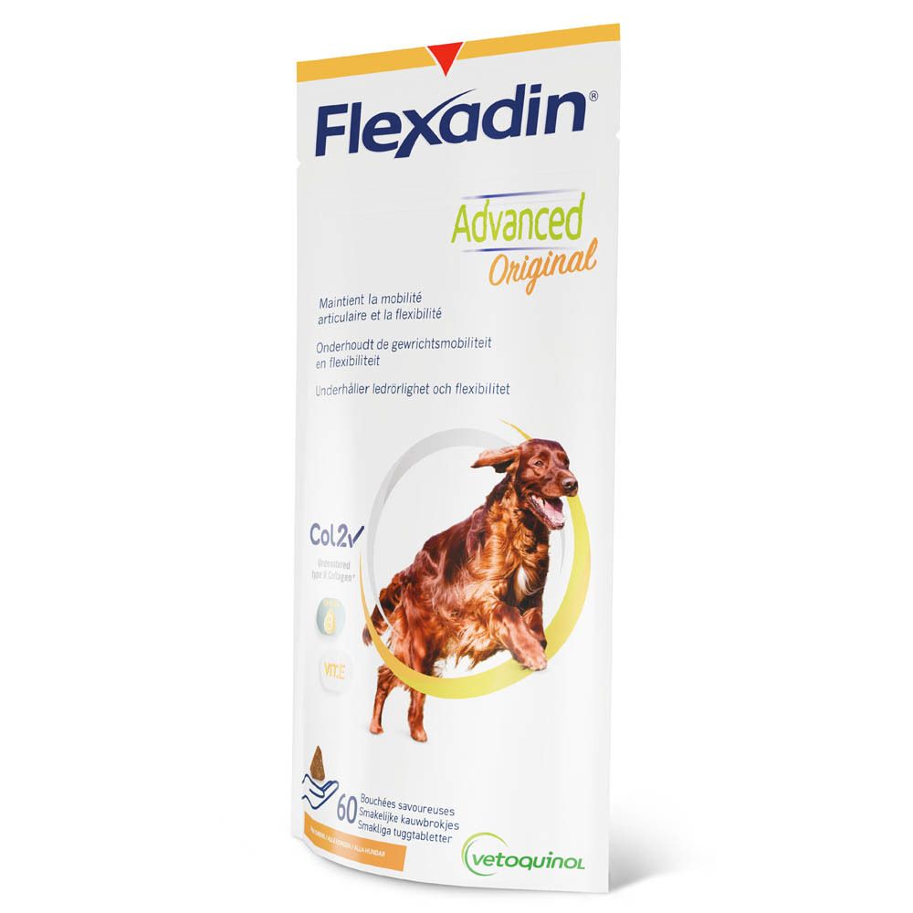 Flexadin Advanced Original voor honden. Doos met 60 tabletten. Afbeelding van een hond. CoL2, Vitamine E.