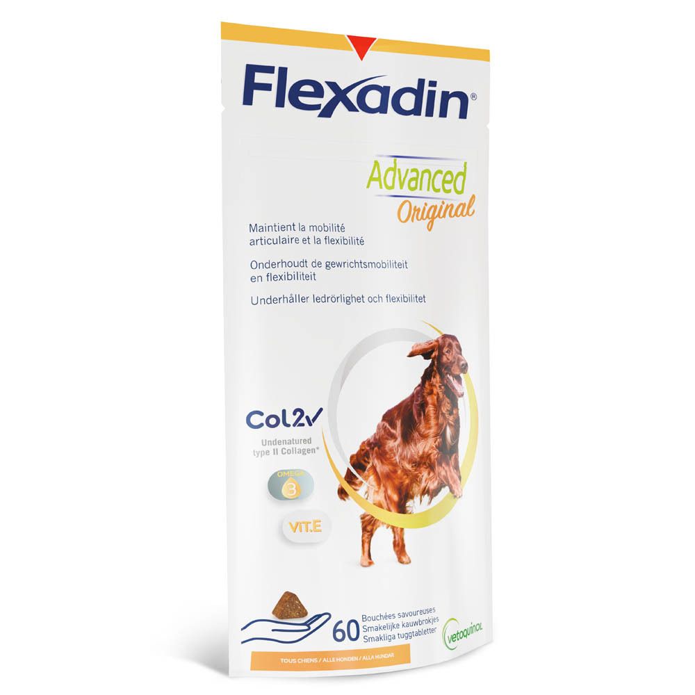 Flexadin Advanced Original voor honden. Doos met 60 tabletten. Afbeelding van een hond. CoL2, Vitamine E.