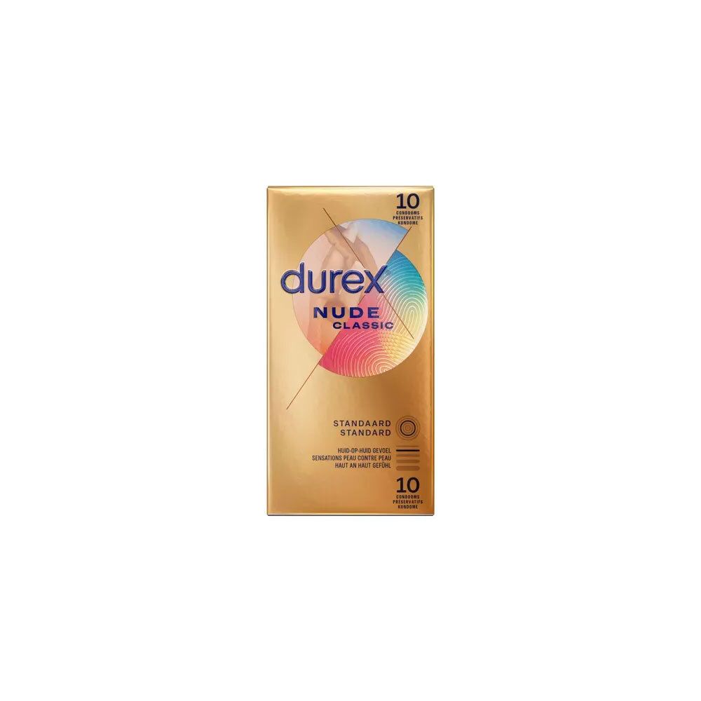 Paquet doré "durex Nude Classic" contenant 10 préservatifs. Taille standard.