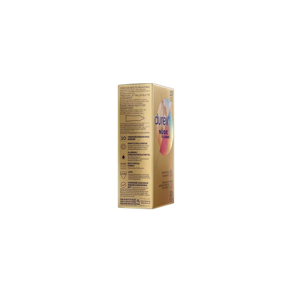 Vue latérale du paquet "durex Nude Classic". Texte et pictogrammes.