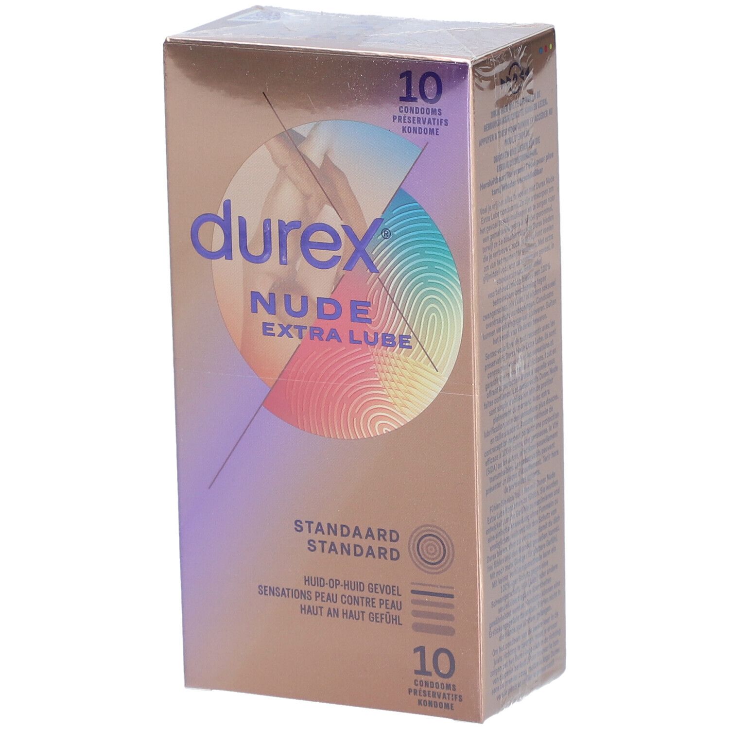 Boîte de préservatifs Durex Nude Extra Lube. Nom du produit, 10 préservatifs, sensation peau contre peau.