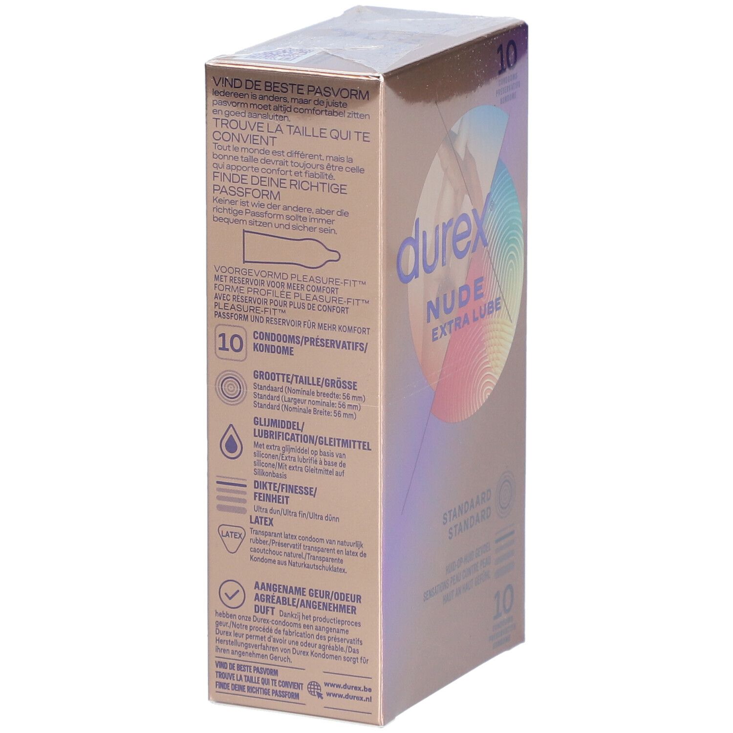 Boîte de préservatifs Durex Nude Extra Lube. Vue latérale avec informations et 10 préservatifs.