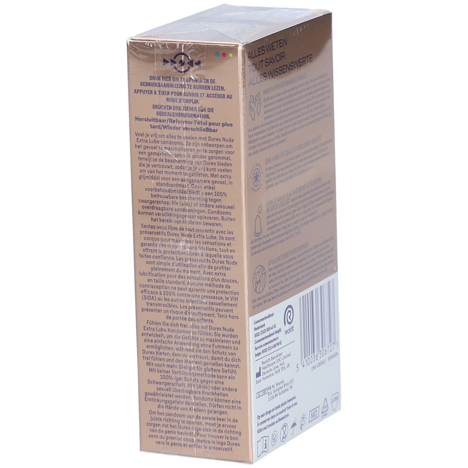 Boîte de préservatifs Durex Nude Extra Lube. Vue latérale avec informations et 10 préservatifs.