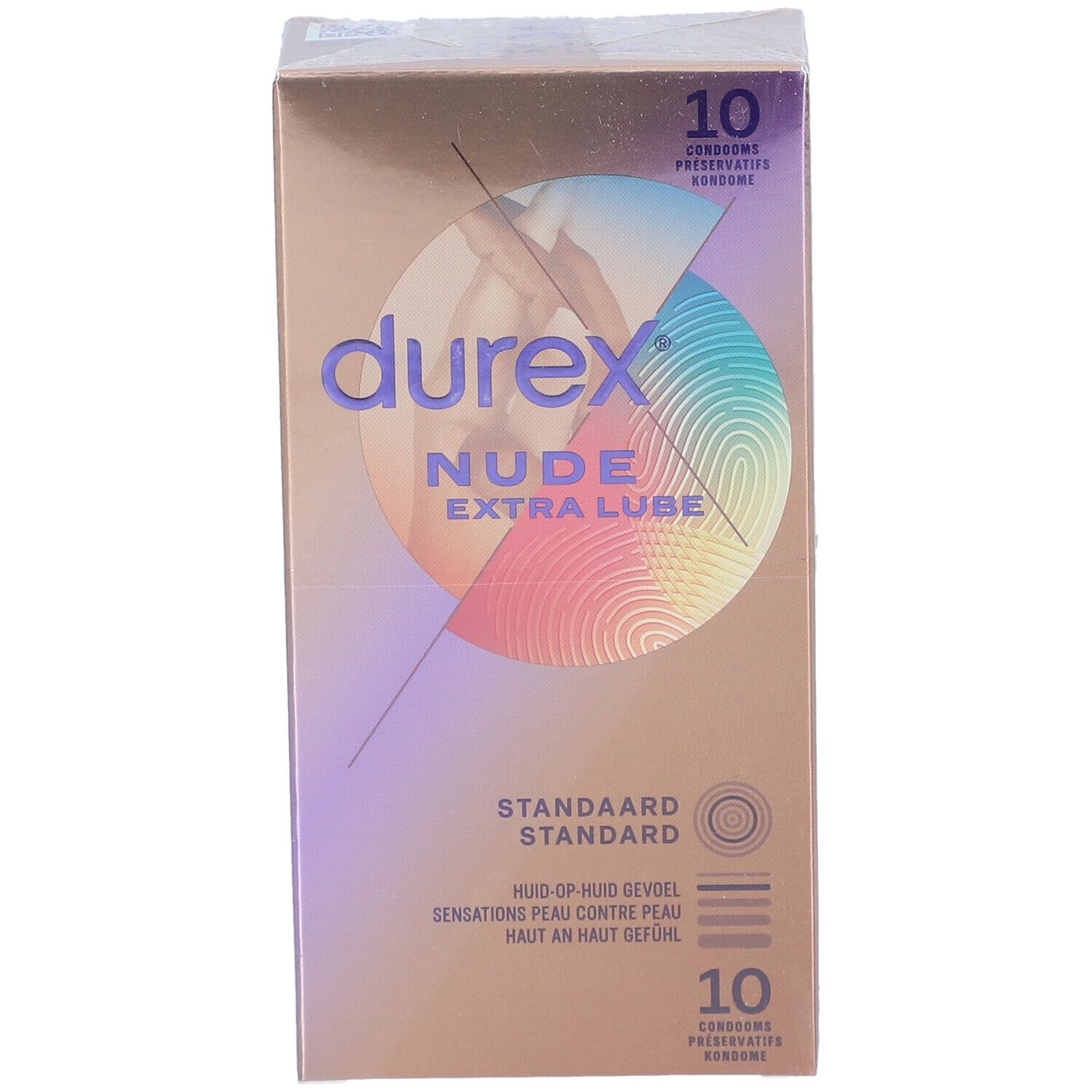 Boîte de préservatifs Durex Nude Extra Lube. Nom du produit, 10 préservatifs, sensation peau contre peau.