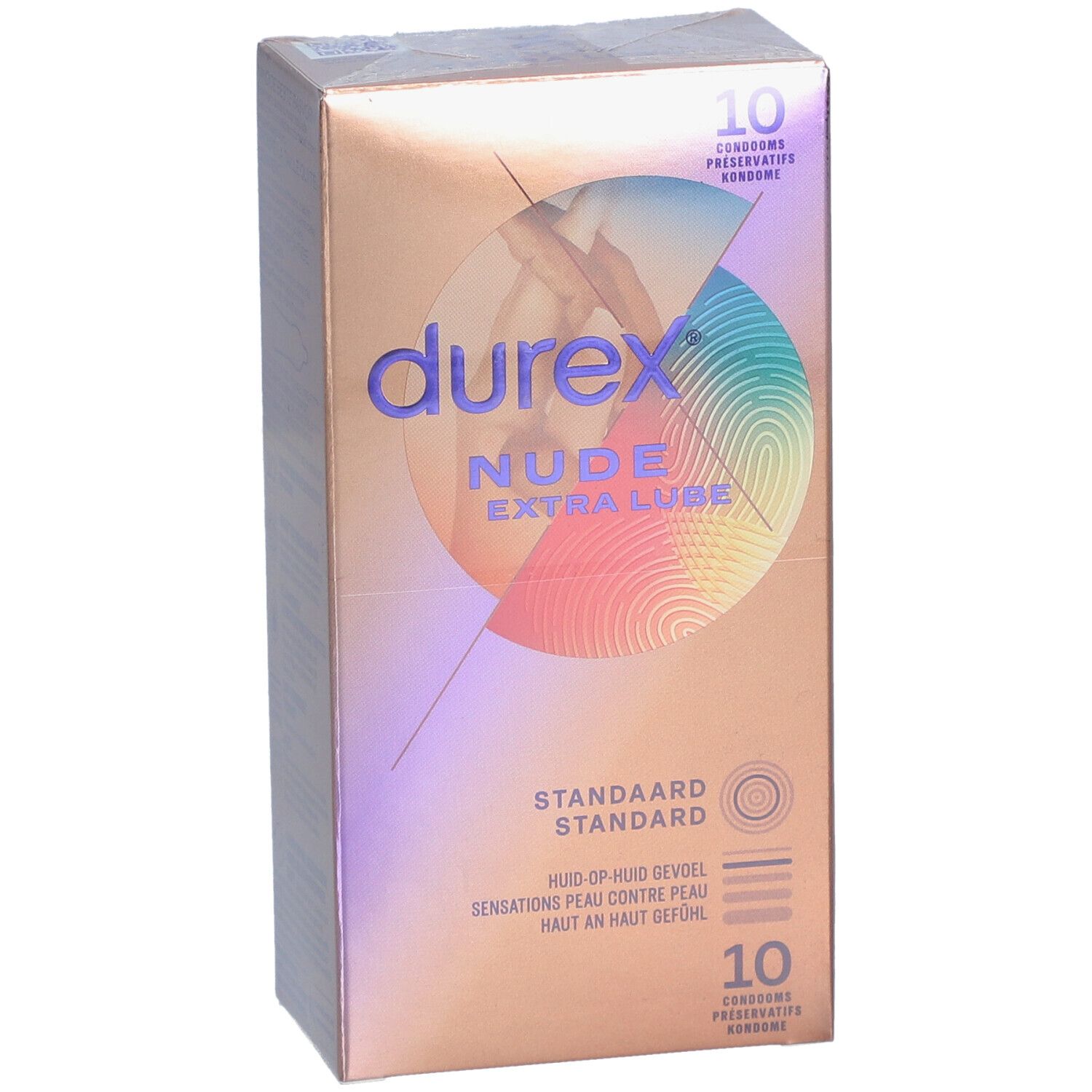 Boîte de préservatifs Durex Nude Extra Lube. Nom du produit, 10 préservatifs, sensation peau contre peau.