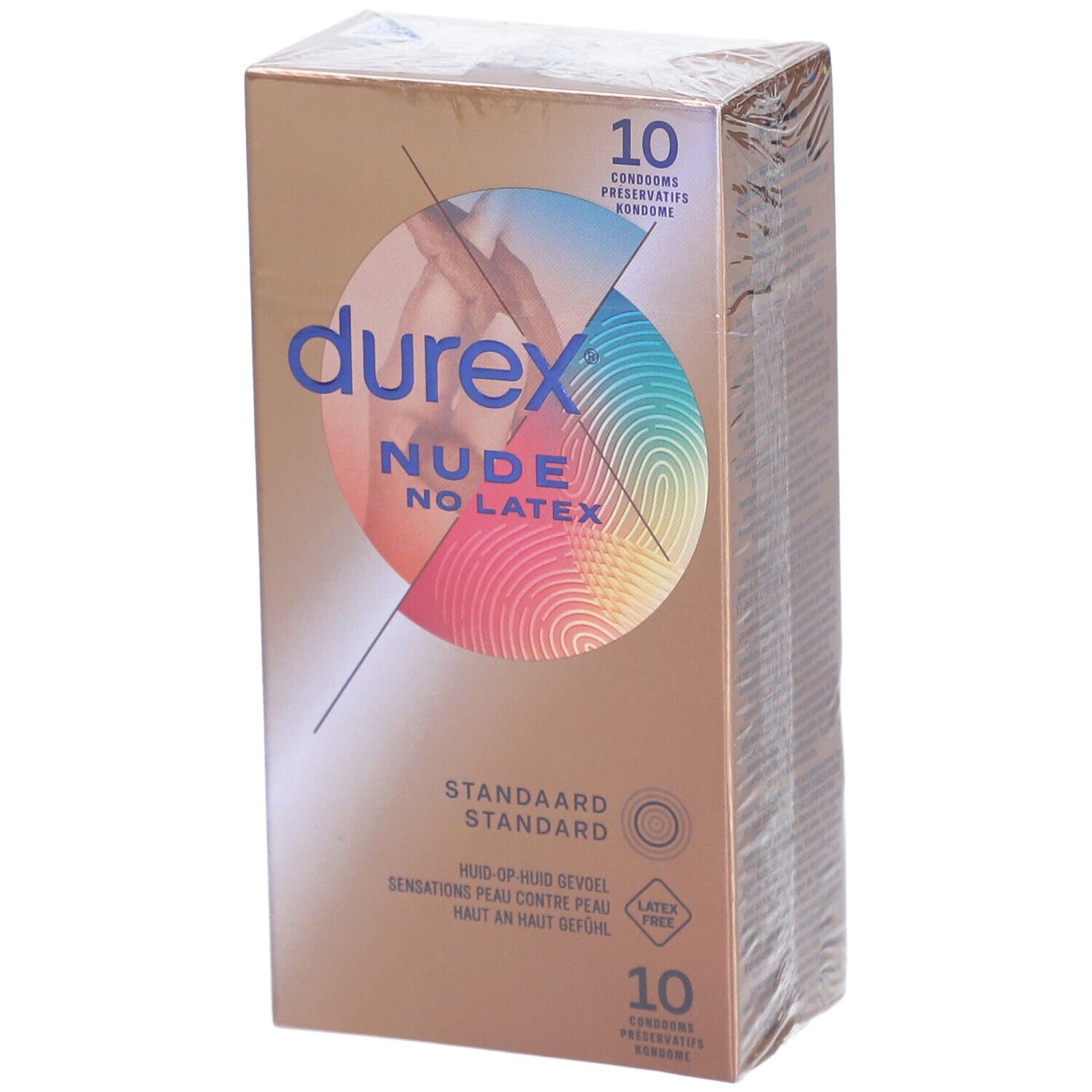 Verpackung mit Kondomen. Marke: durex Nude No Latex. 10 Stück. Goldfarbene Verpackung mit Produktinformationen.