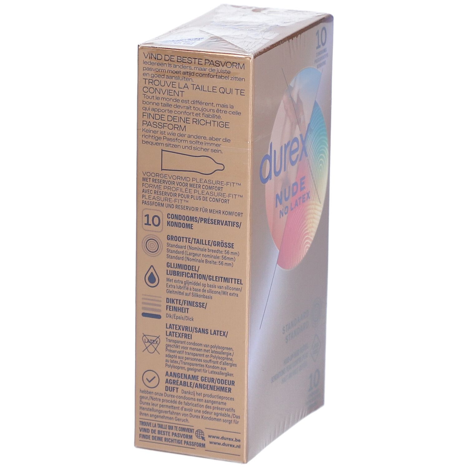 Verpackung mit Kondomen. Marke: durex Nude No Latex. Rückseite mit Produktinformationen und Text.