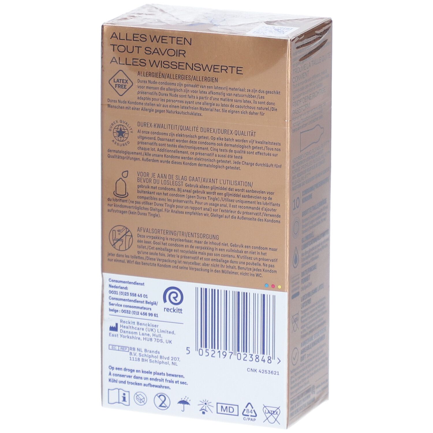 Verpackung mit Kondomen. Marke: durex Nude No Latex. Rückseite mit Produktinformationen und Text.