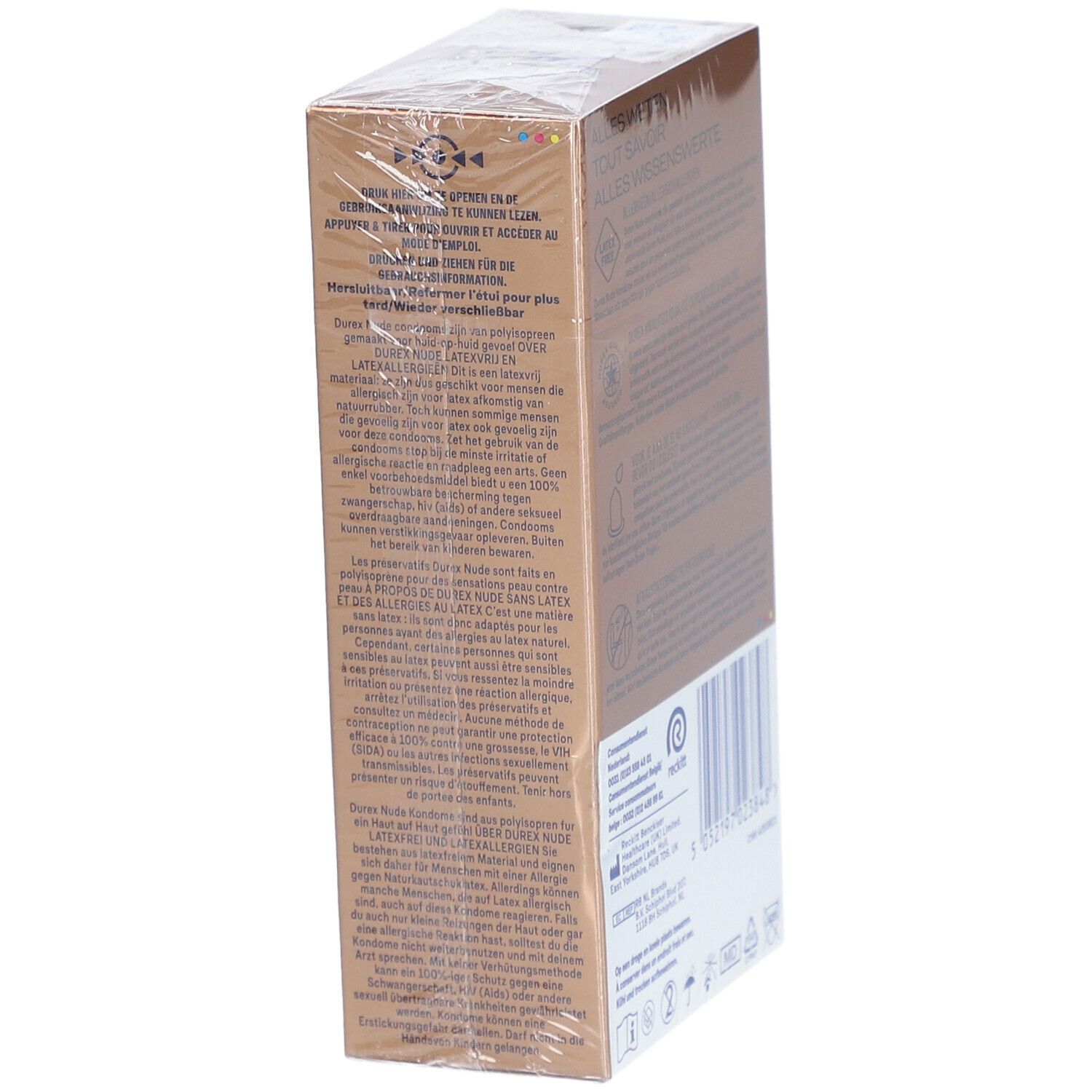Verpackung mit Kondomen. Marke: durex Nude No Latex. Seite mit Produktinformationen und Text.