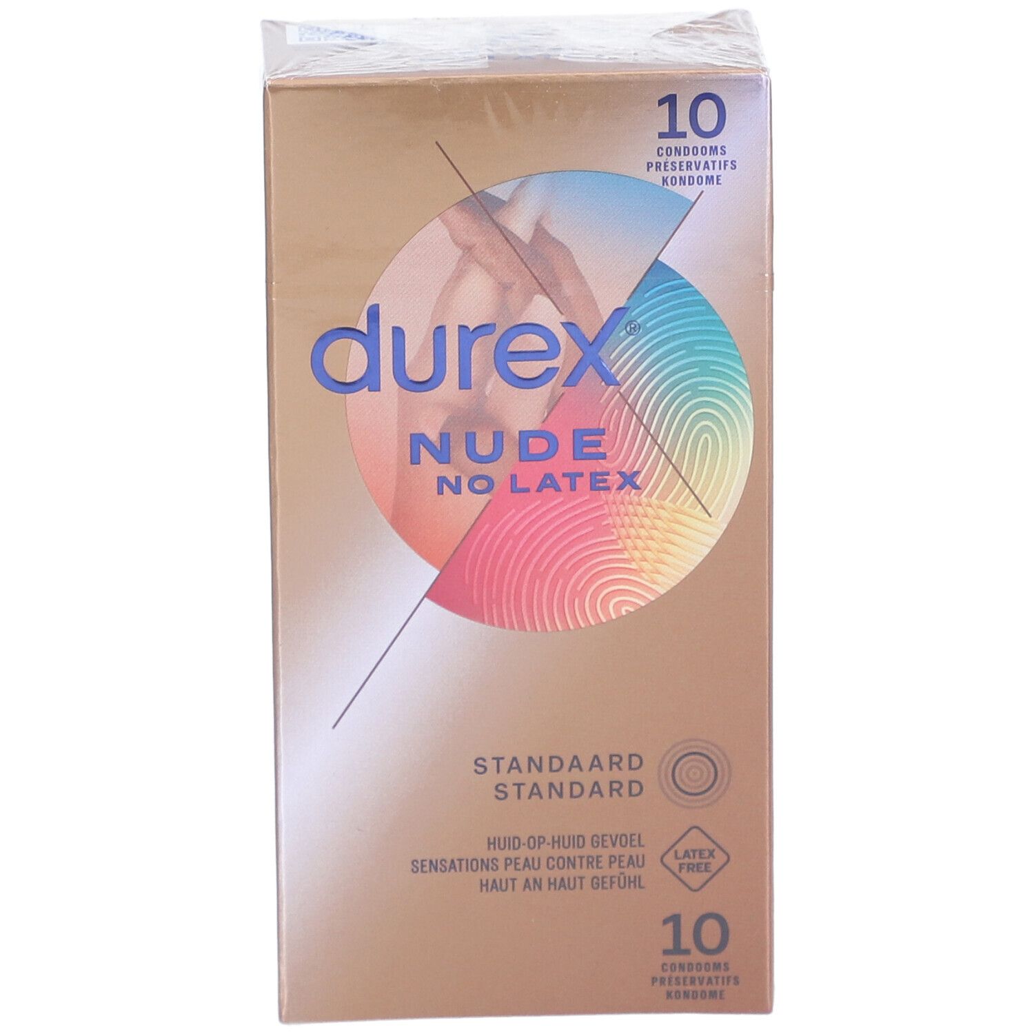 Verpackung mit Kondomen. Marke: durex Nude No Latex. 10 Stück. Goldfarbene Verpackung mit Produktinformationen.